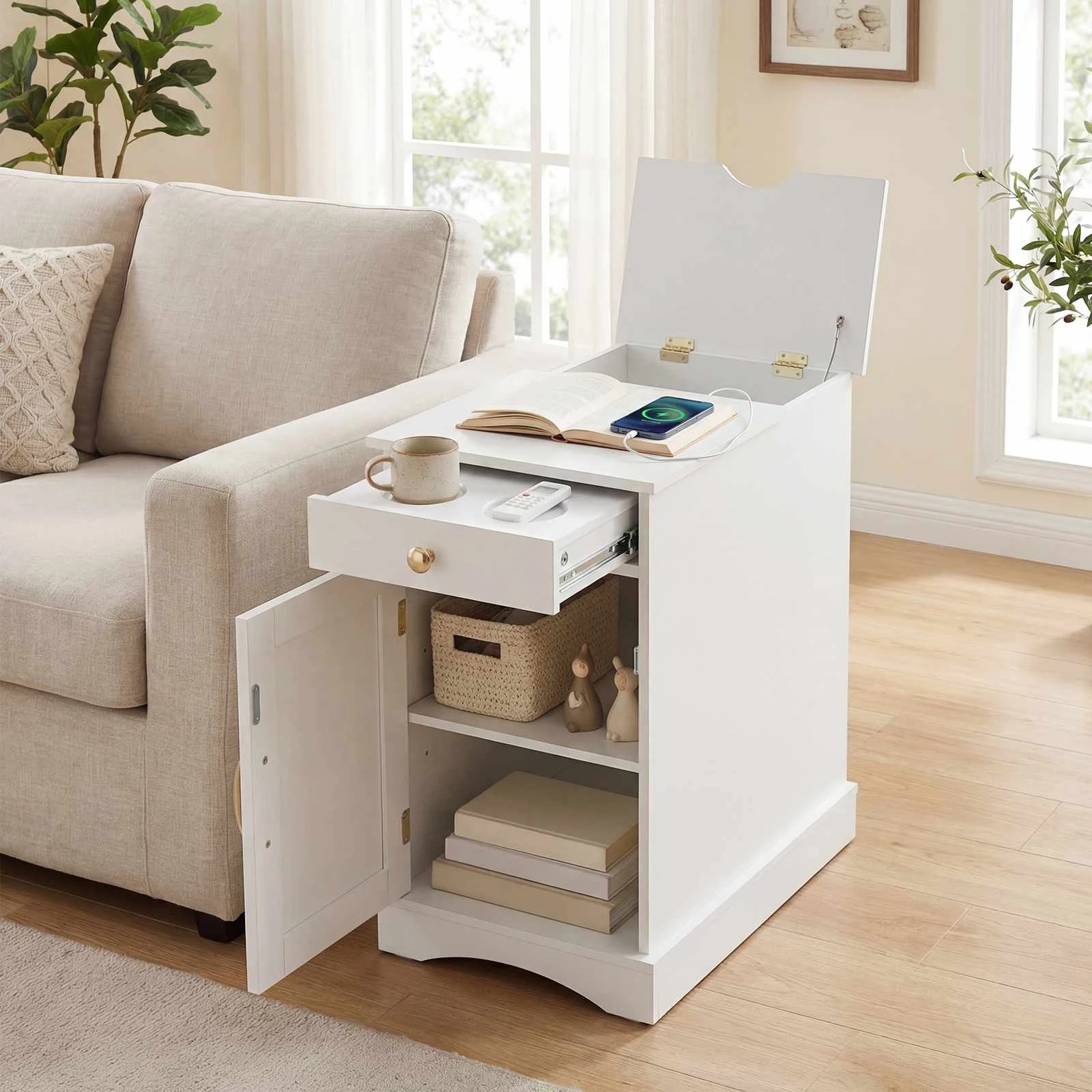 3 Cosway Bedside Table Nightstand w/Charging Station Side End Table - White, 3 of 6