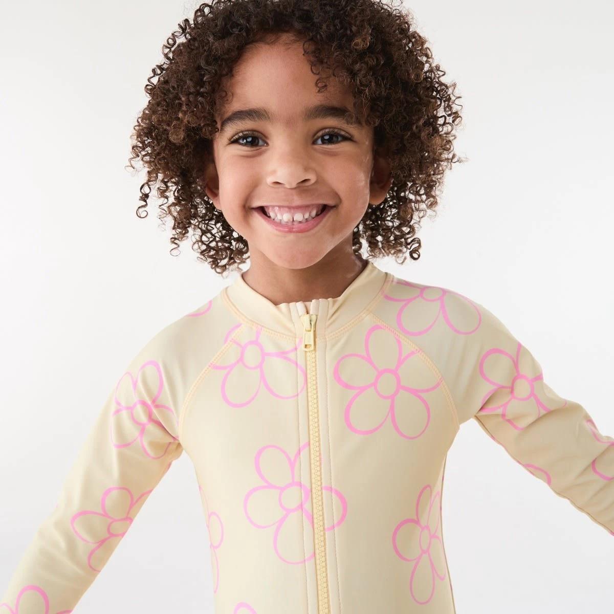 2 Long Sleeve One Piece Swimsuit OUTLINED DAISY BUTTER CREAM, 2 of 7