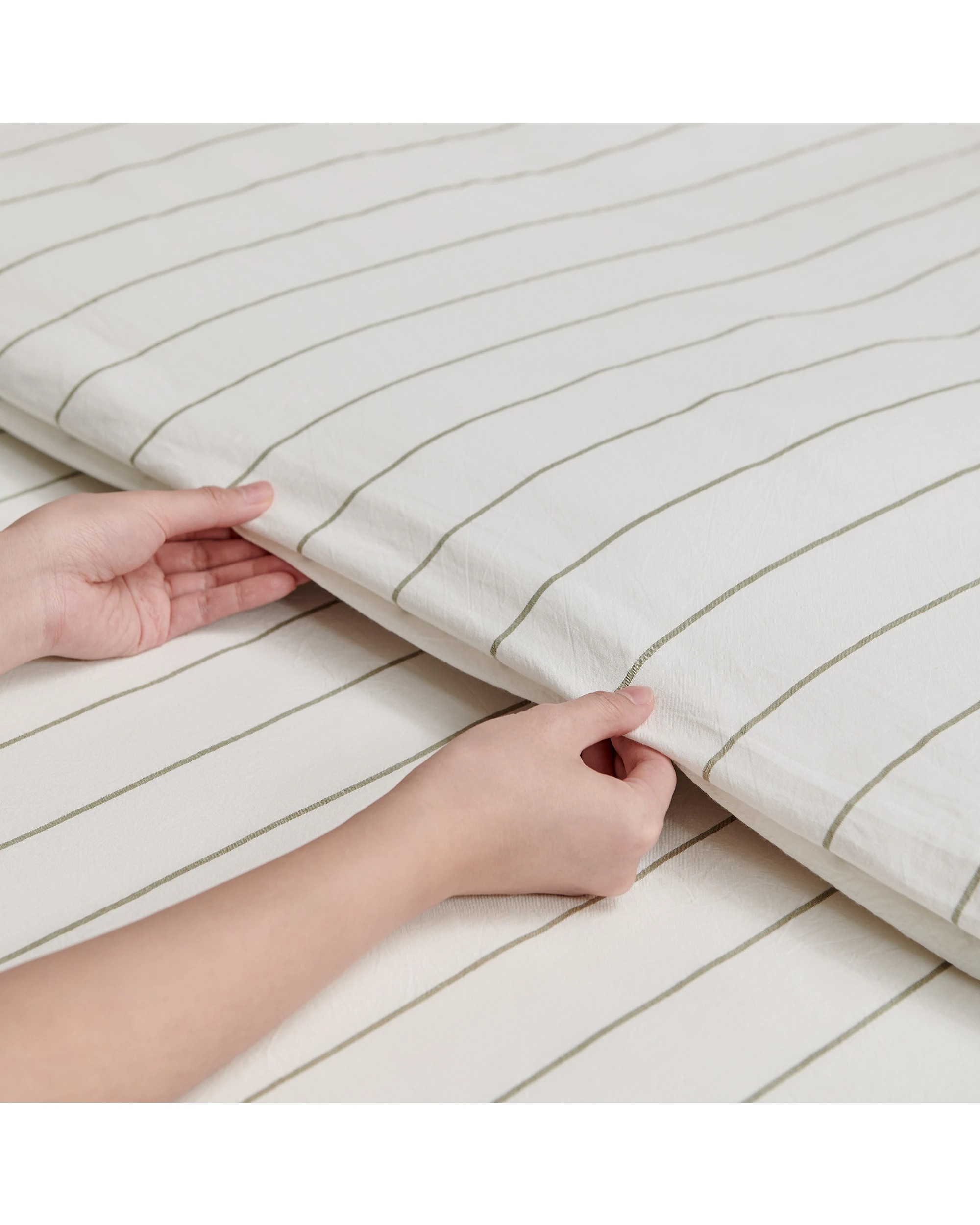 5 Dreamaker Rumi Stripe Washed Cotton Reversible Quilt Cover Set - Queen Bed - White with Olive, 5 of 6