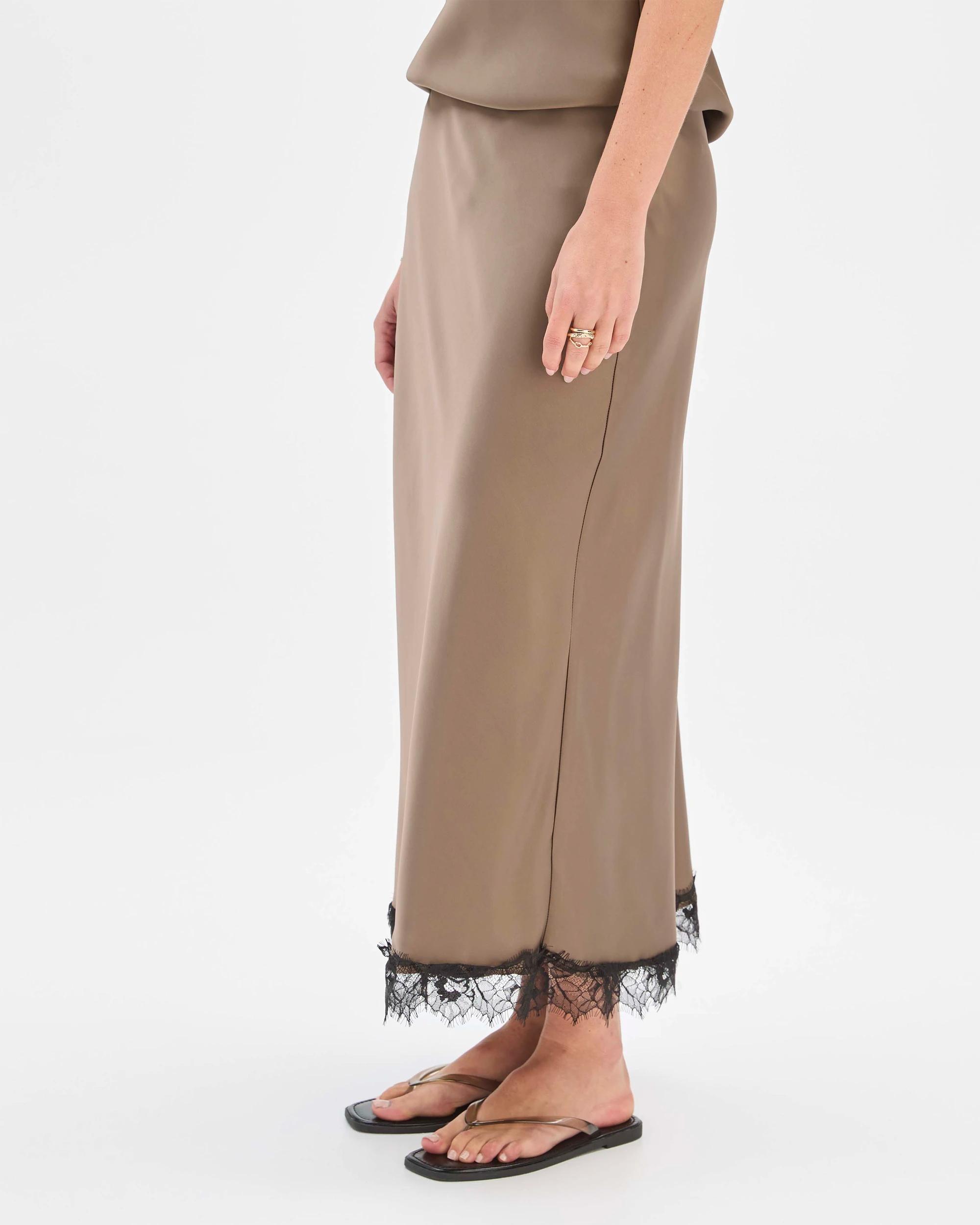 5 Preview Lace Trim Satin Midi Skirt SMOKED TAUPE, 5 of 7