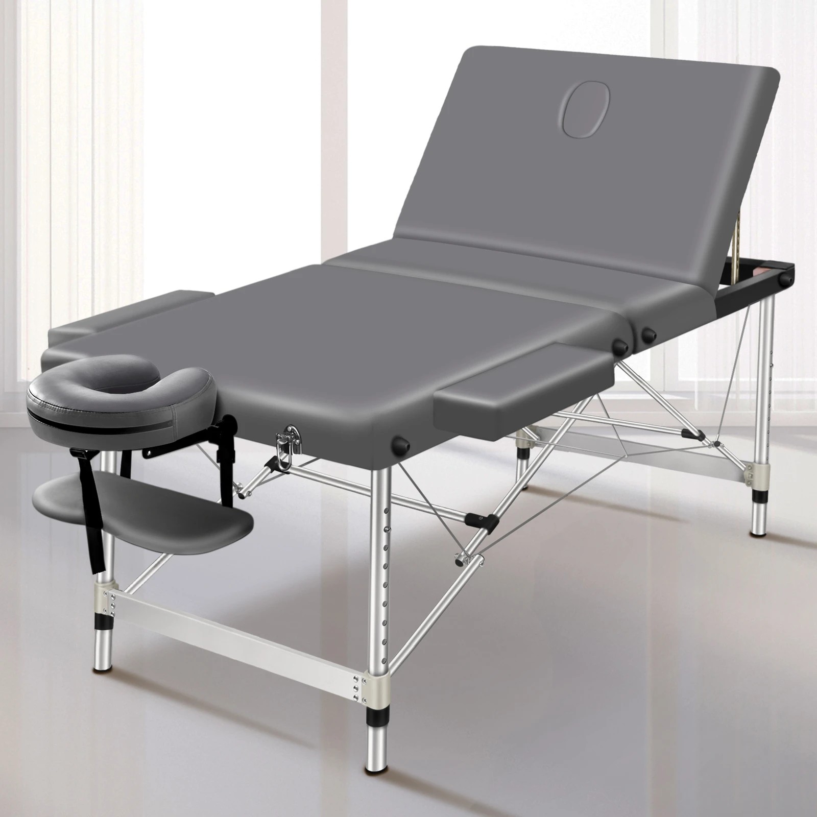 3 Alfordson Massage Table 3 Fold 75cm Foldable Portable Aluminium Lift Up Bed Desk - Grey, 3 of 4