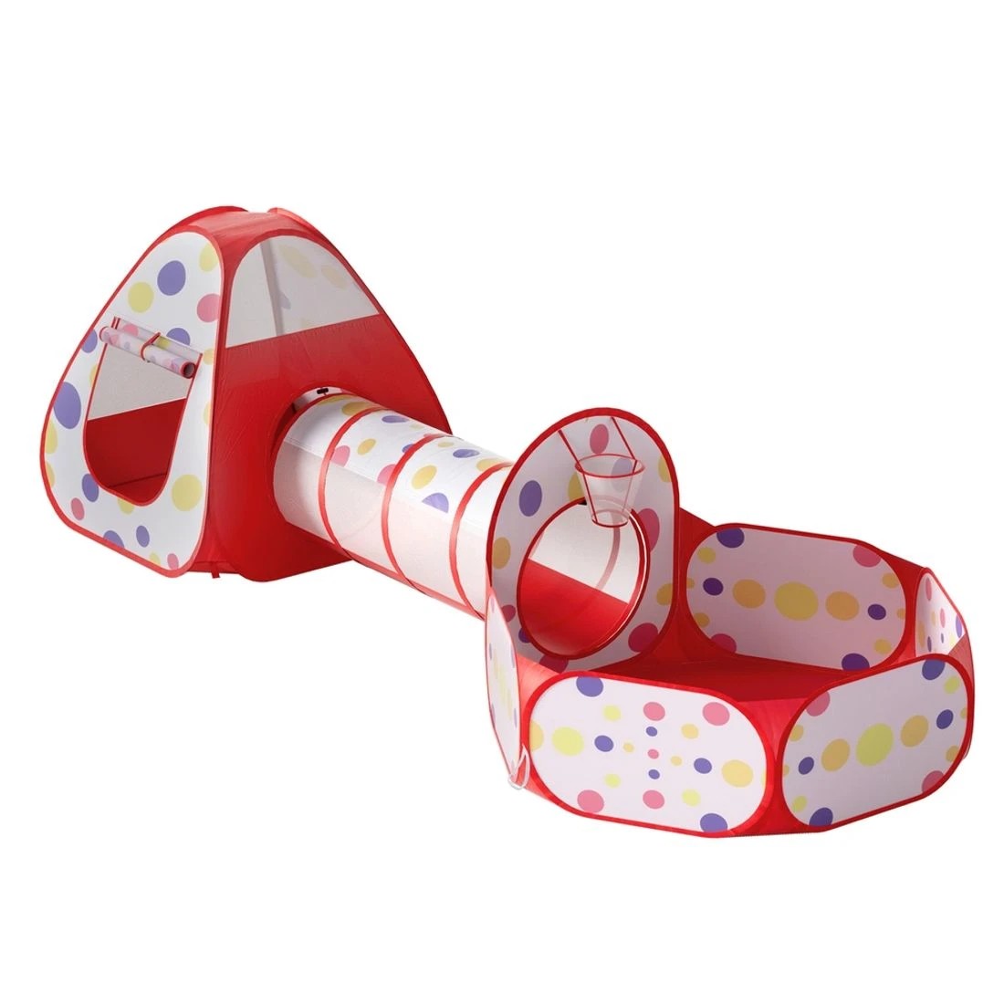 1 Keezi Kids Playhouse Play Tent Pop Up Teepee Ball Pit Tunnel Basketball Hoop - Red, 1 of 4