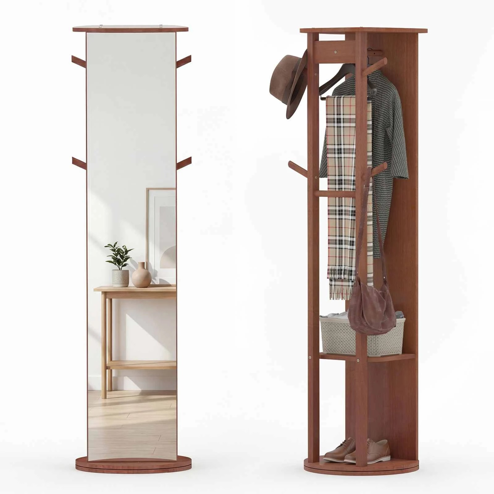 5 Costway 3-in-1 Full Length Mirror Swivel Coat Rack Stand Shoe Storage Shelf w/Hooks - Brown, 5 of 5