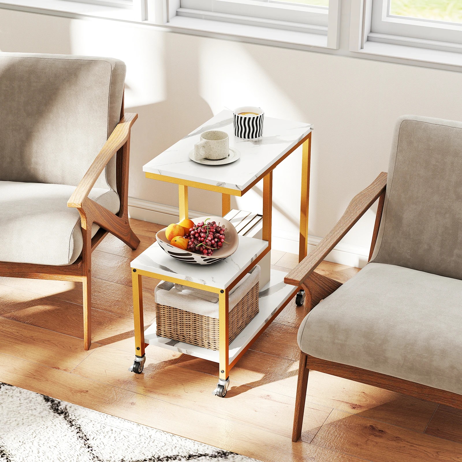 4 Costway G-shaped Side Table 3-Tier Mobile End Table w/Open Shelve Sofa Couch Side Table, 4 of 5