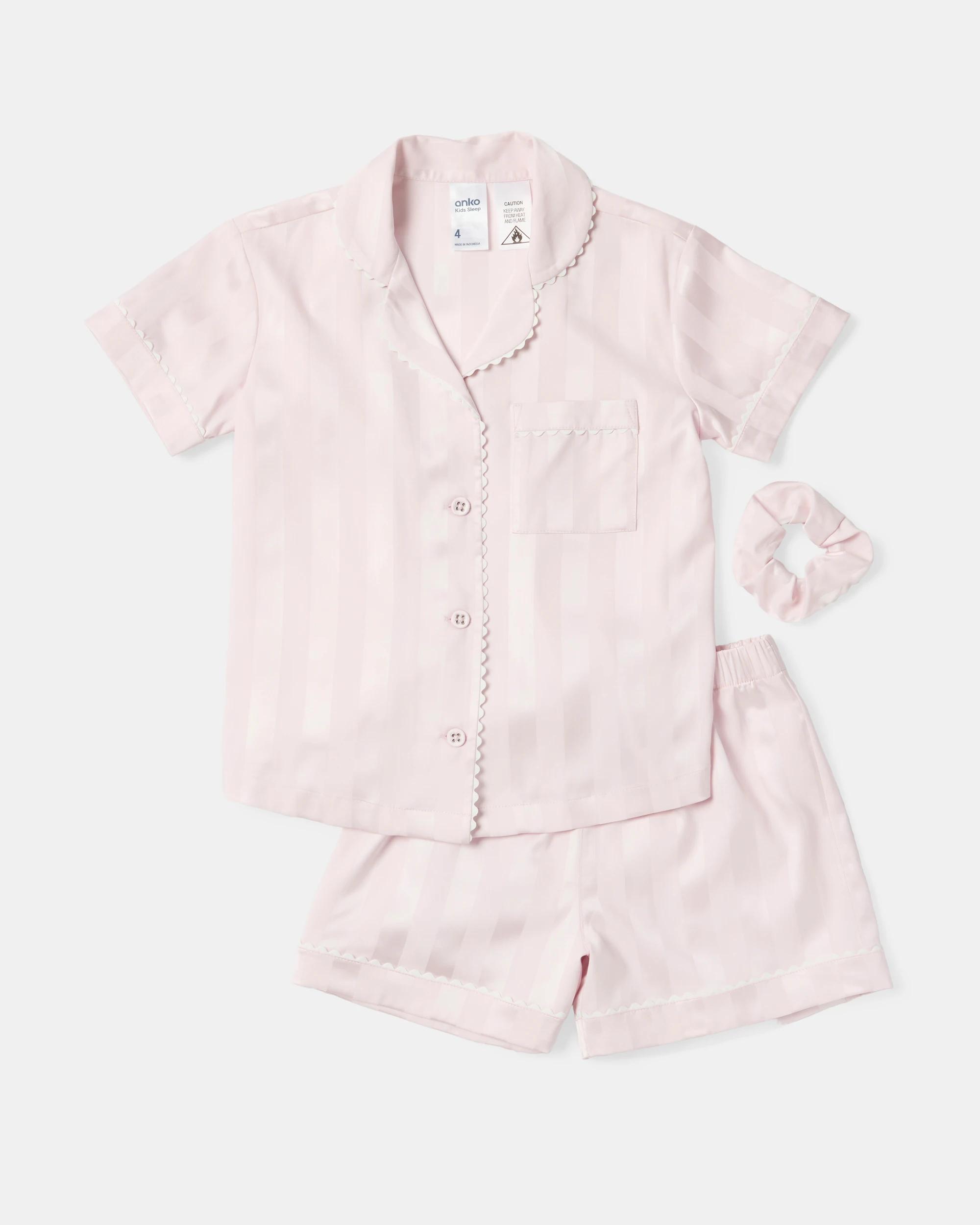 4 Short Sleeve Satin Pyjama and Scrunchie Set Bllet Pink, 4 of 10