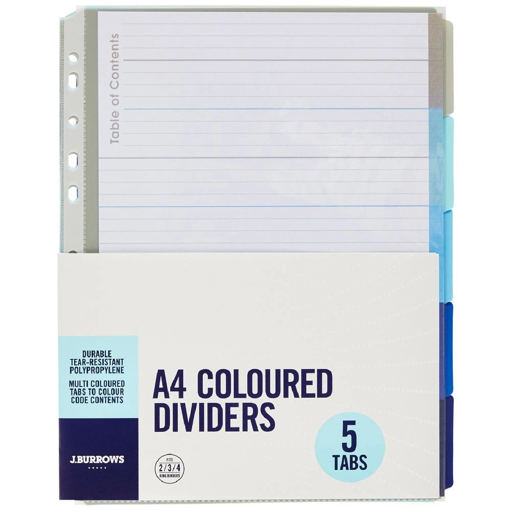 1 J.Burrows A4 Premium 5 Tab Index Dividers Cool Colours, 1 of 3