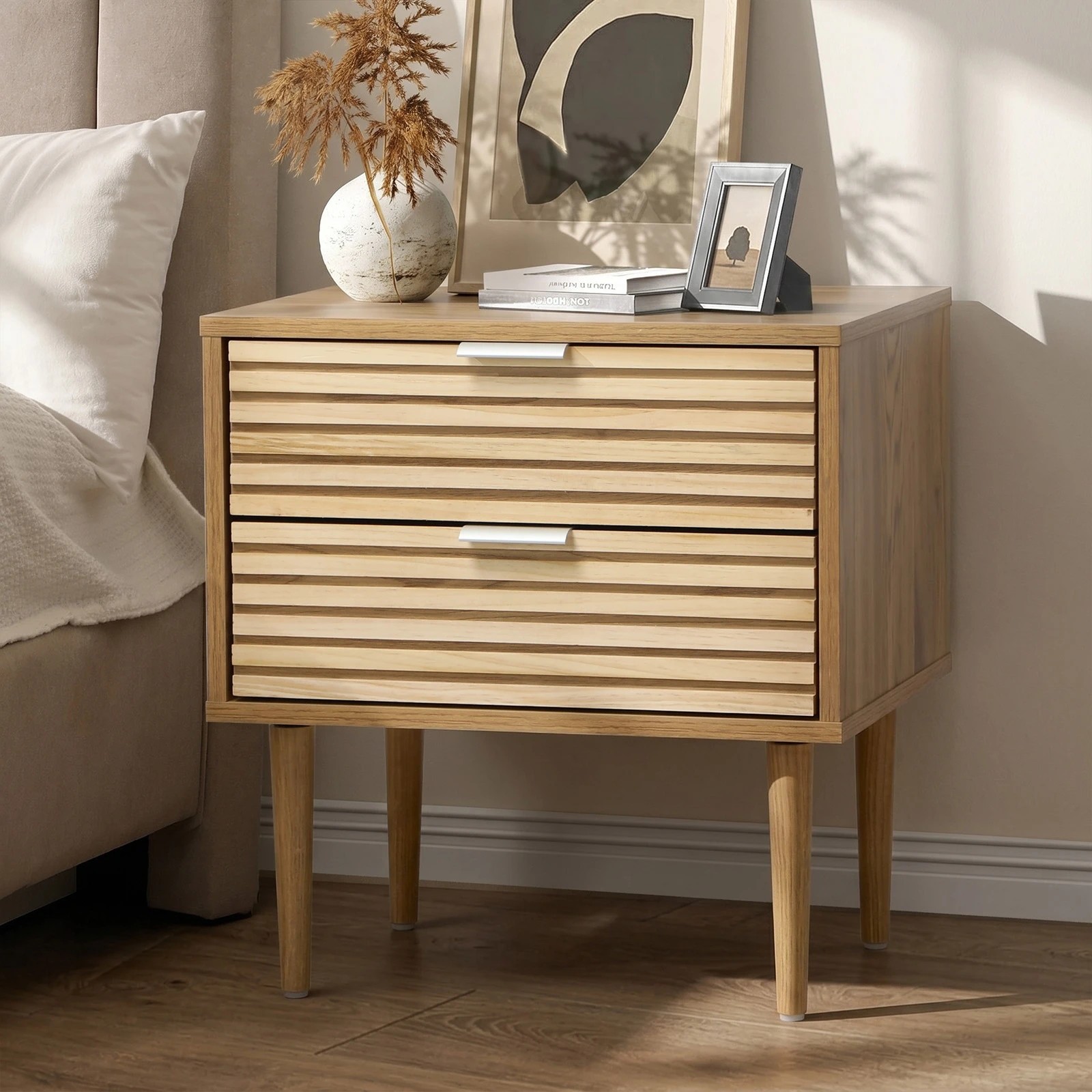 3 Oikiture Bedside Table 2 Drawers Side Table Cabinet Metal Handle - Natural, 3 of 8