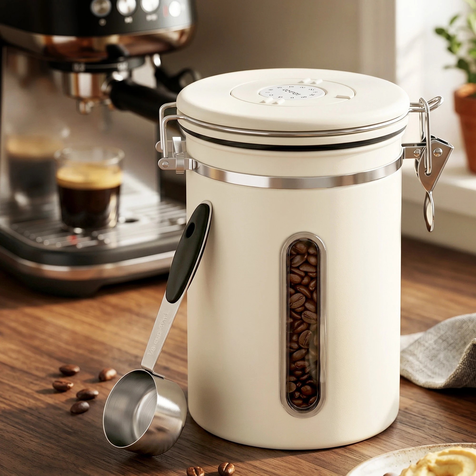 9 5-Star Chef 1.8L Stainless Steel Coffee Bean Storage Container Coffee Canister with Window & Scoop Coffee Jar - Beige, 9 of 9
