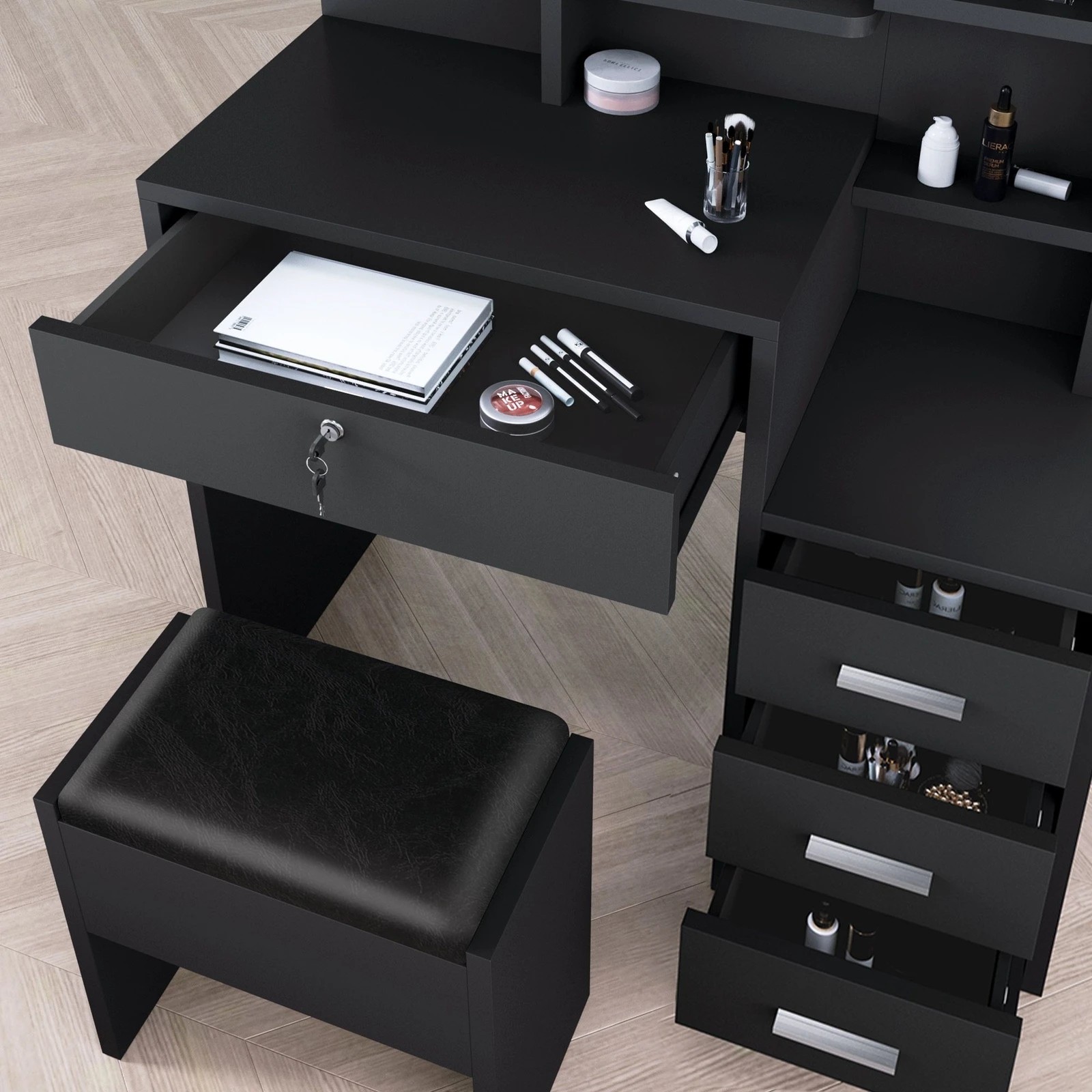 7 Alfordson Dressing Table Stool Set Makeup Mirror Vanity Desk Black - Black, 7 of 10