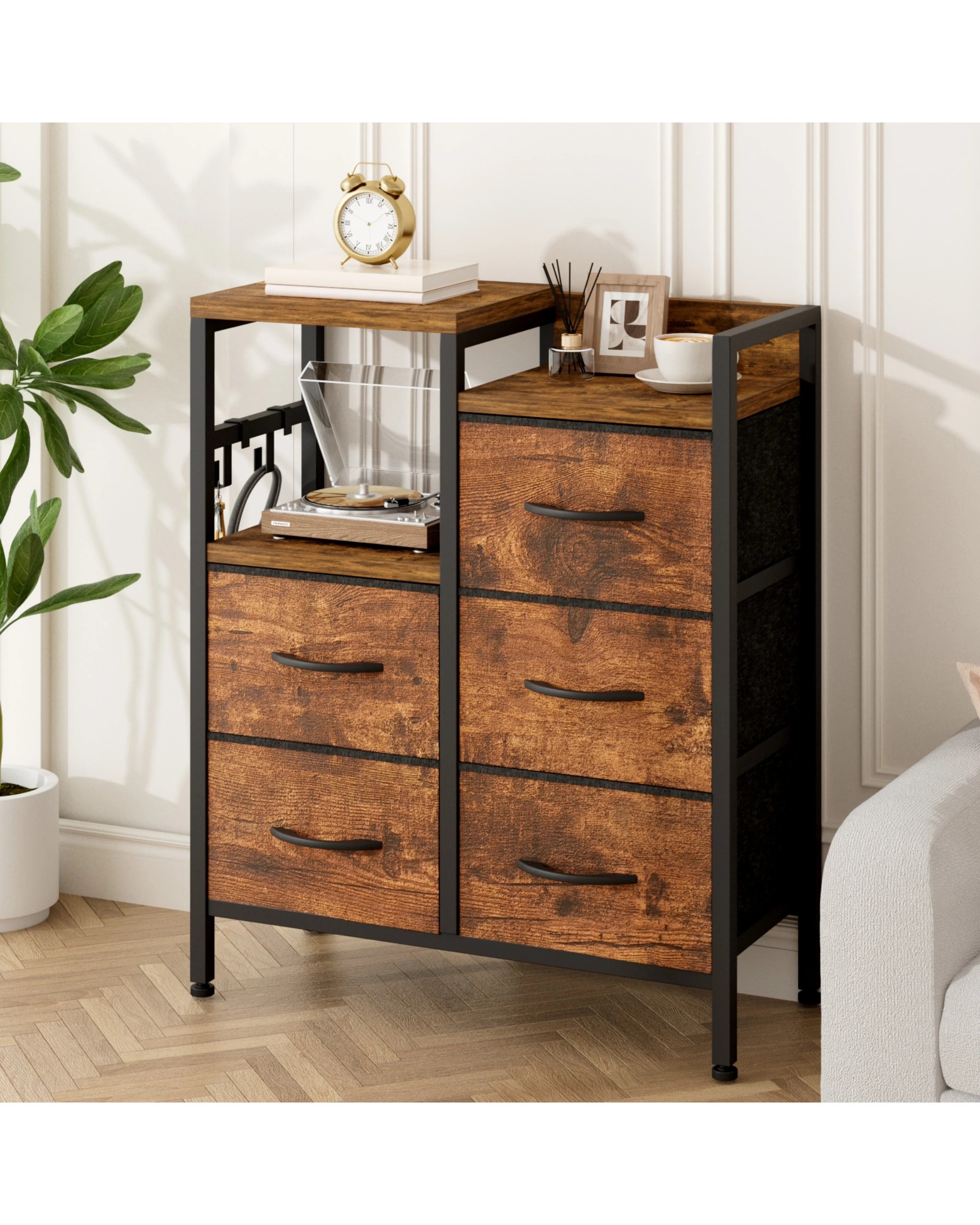 3 Advwin Chest of 5 Drawers Storage Cabinet with Open Shelf - Brown, 3 of 10