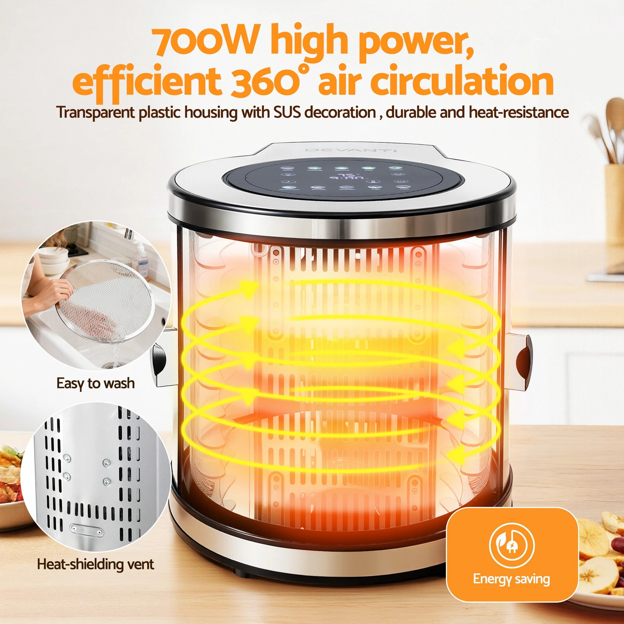 5 Devanti 8 Trays Food Dehydrator Stainless Steel Auto-Rotate 10 Programs 700W - Silver, 5 of 6