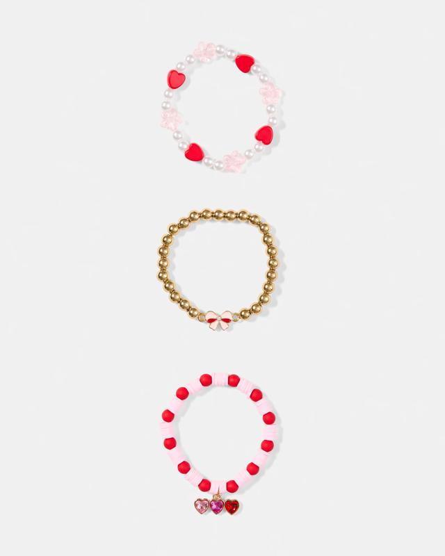 3 Pack Heart Charm Bracelets - Pink, Red, White and Gold 