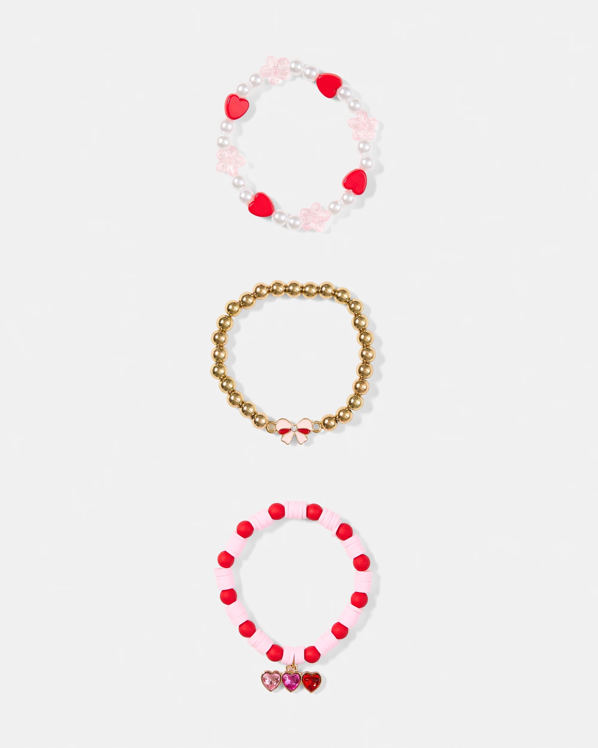 1 3 Pack Heart Charm Bracelets - Pink, Red, White and Gold Tone, 1 of 5