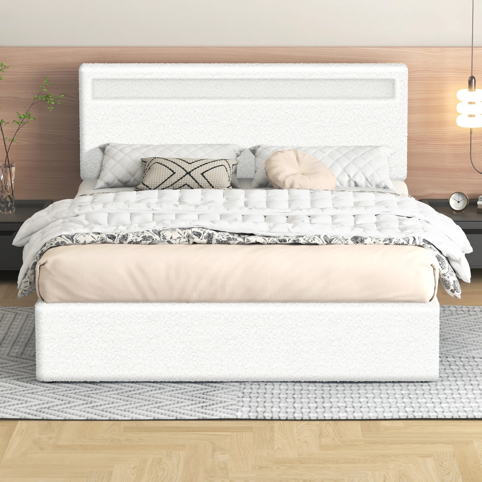 3 Alfordson Bed Frame Double Size RGB LED Gas Lift Storage Base Boucle Luchino - White, 3 of 10