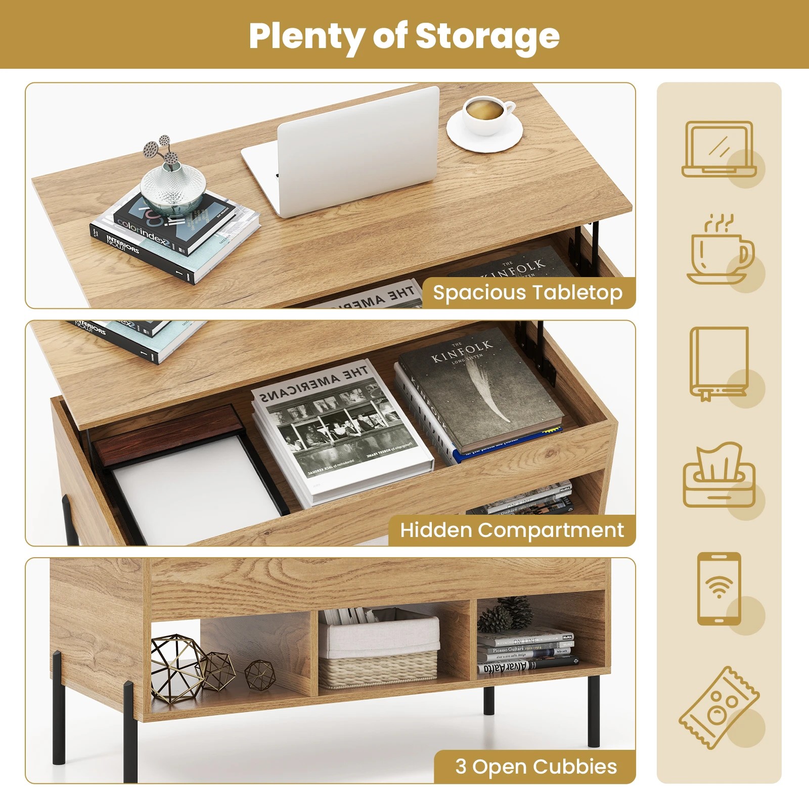 4 Costway Lift-Up Top Coffee Table w/3 Open Cubbies, 4 of 10