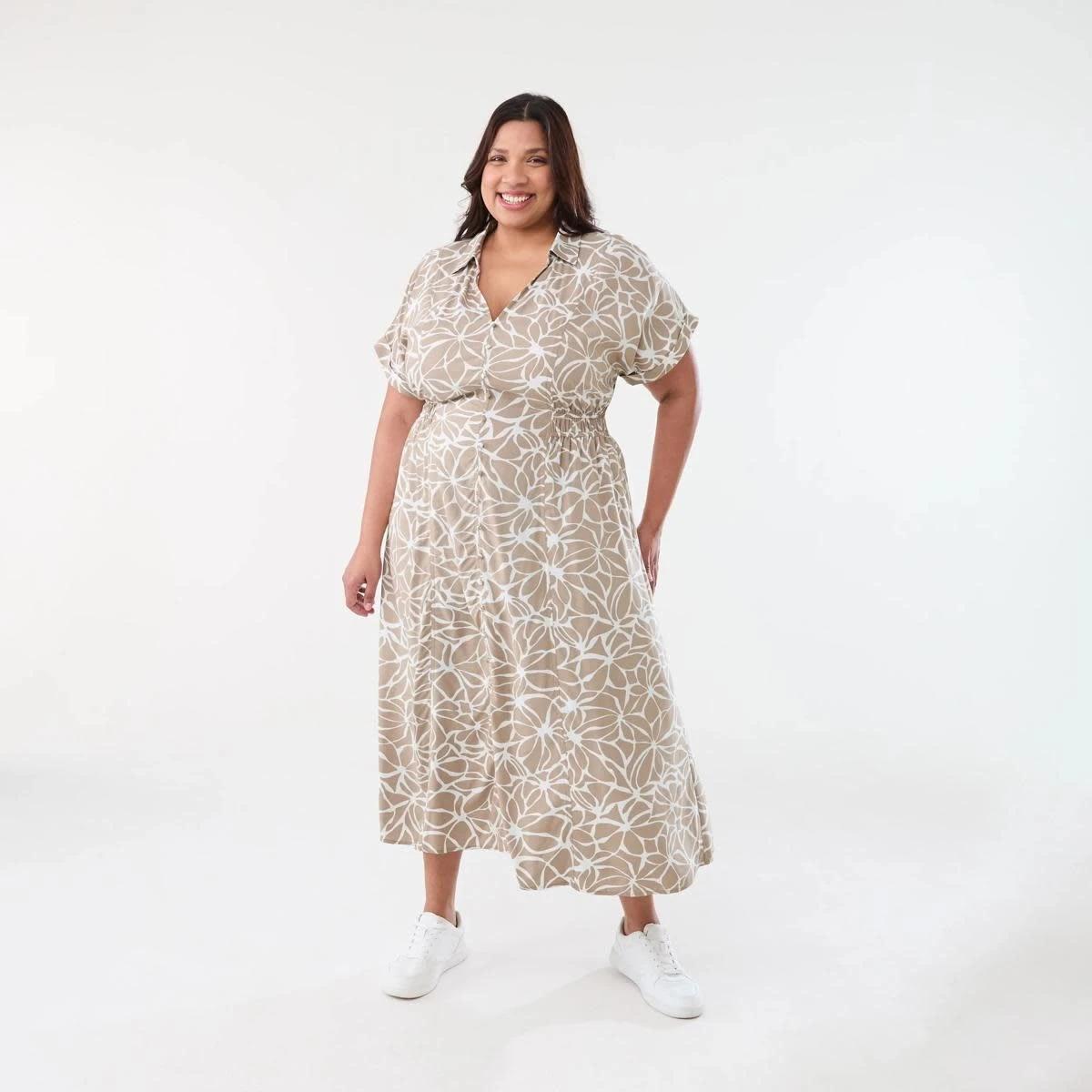 1 Curve Short Sleeve Shirt Midi Dress BROKEN FLORAL DUNE BEIGE, 1 of 6