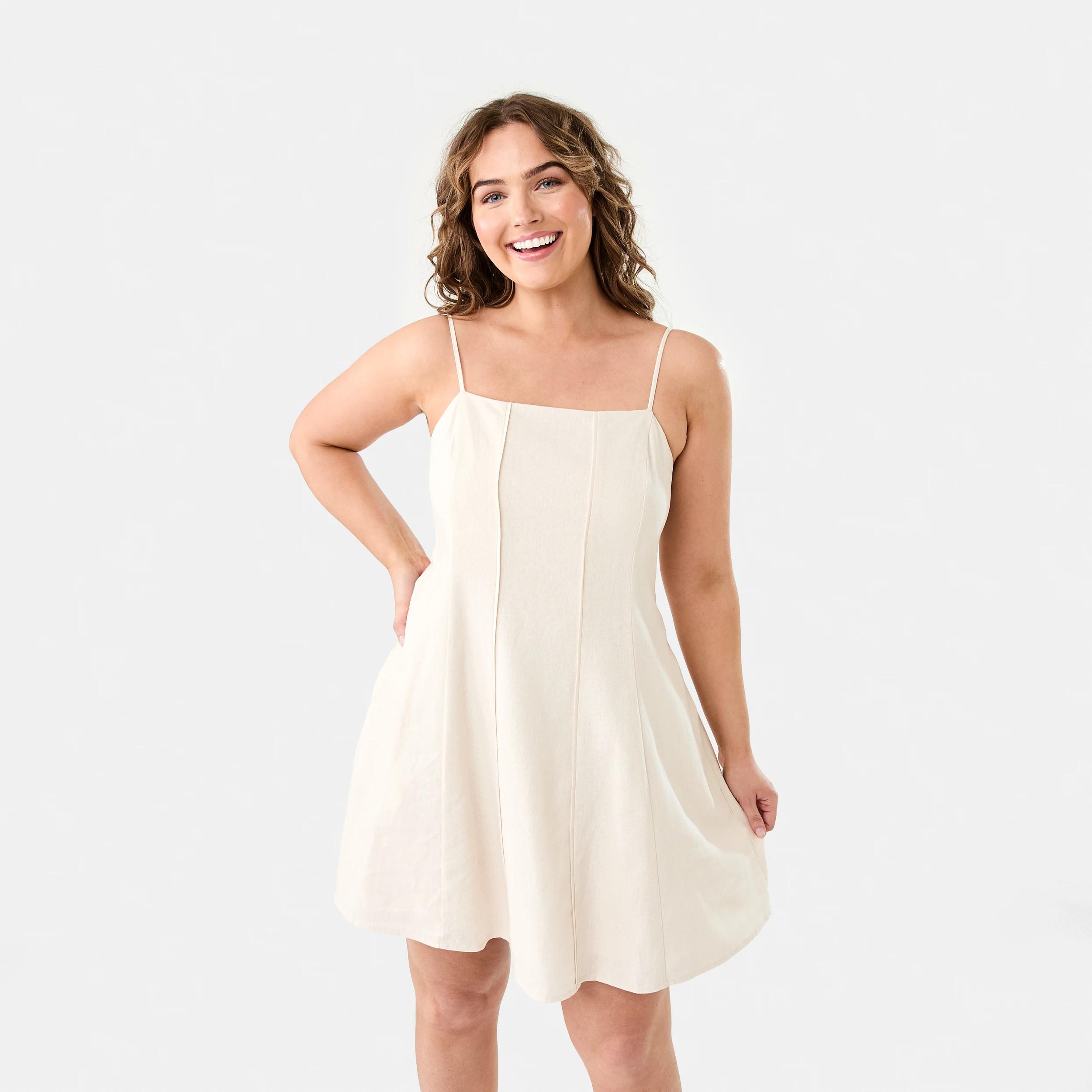 1 Sleeveless Pintuck Linen Blend Mini Dress Nat Beige, 1 of 9