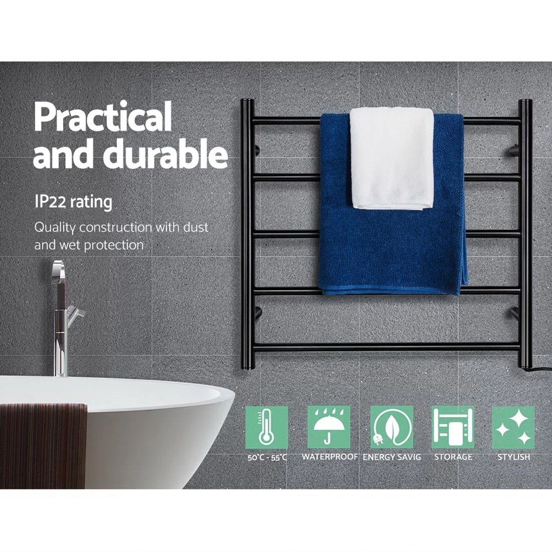 3 Devanti Electric Heated Towel Rail Rack 5 Bars Wall Mounted Clothes Dry - Black, 3 of 7