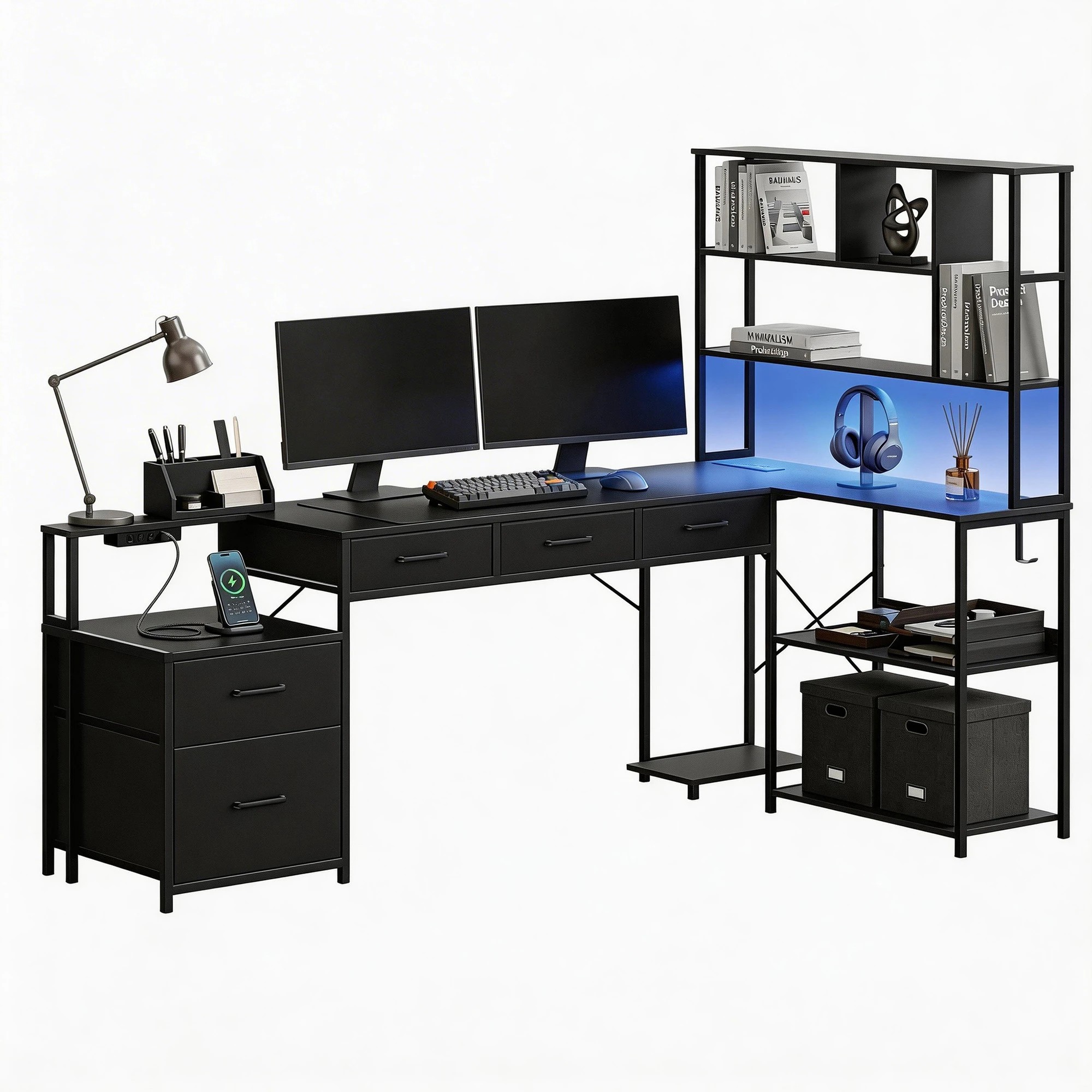 1 Artiss 200cm L Shaped Gaming Desk Computer Desk with LED Lights & Power Outlets for Home Office - Black, 1 of 4