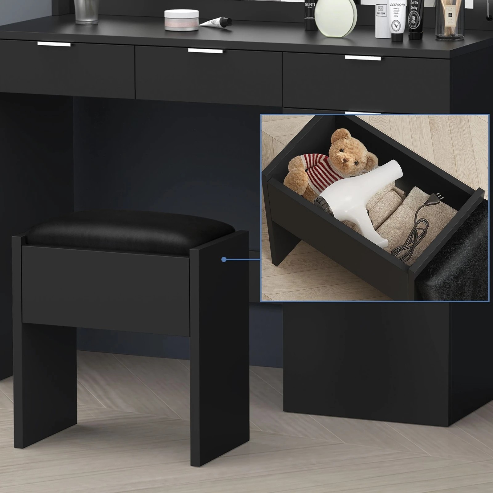 6 Alfordson Dressing Table Stool Set Makeup Mirror Desk 12 LED Bulbs - Black, 6 of 10