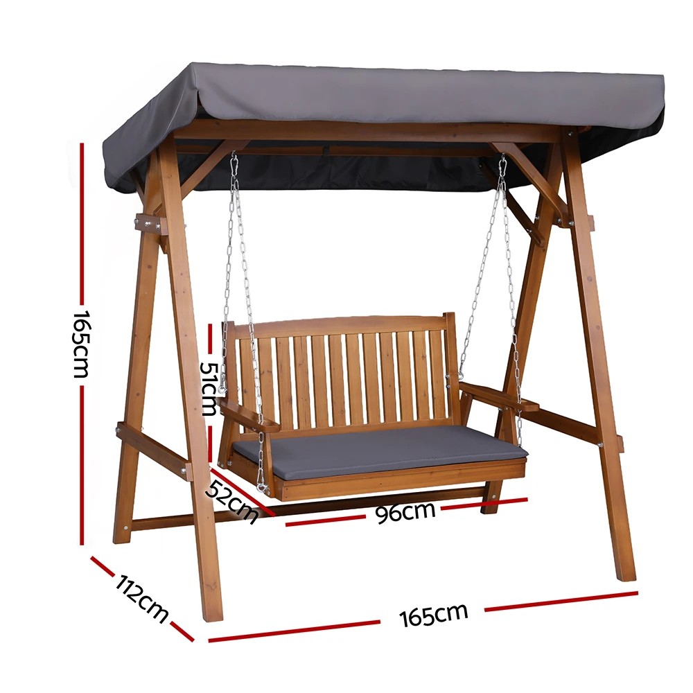 2 Gardeon Outdoor Wooden Swing Chair Garden Bench Canopy Cushion 2 Seater Teak - Multi, 2 of 8