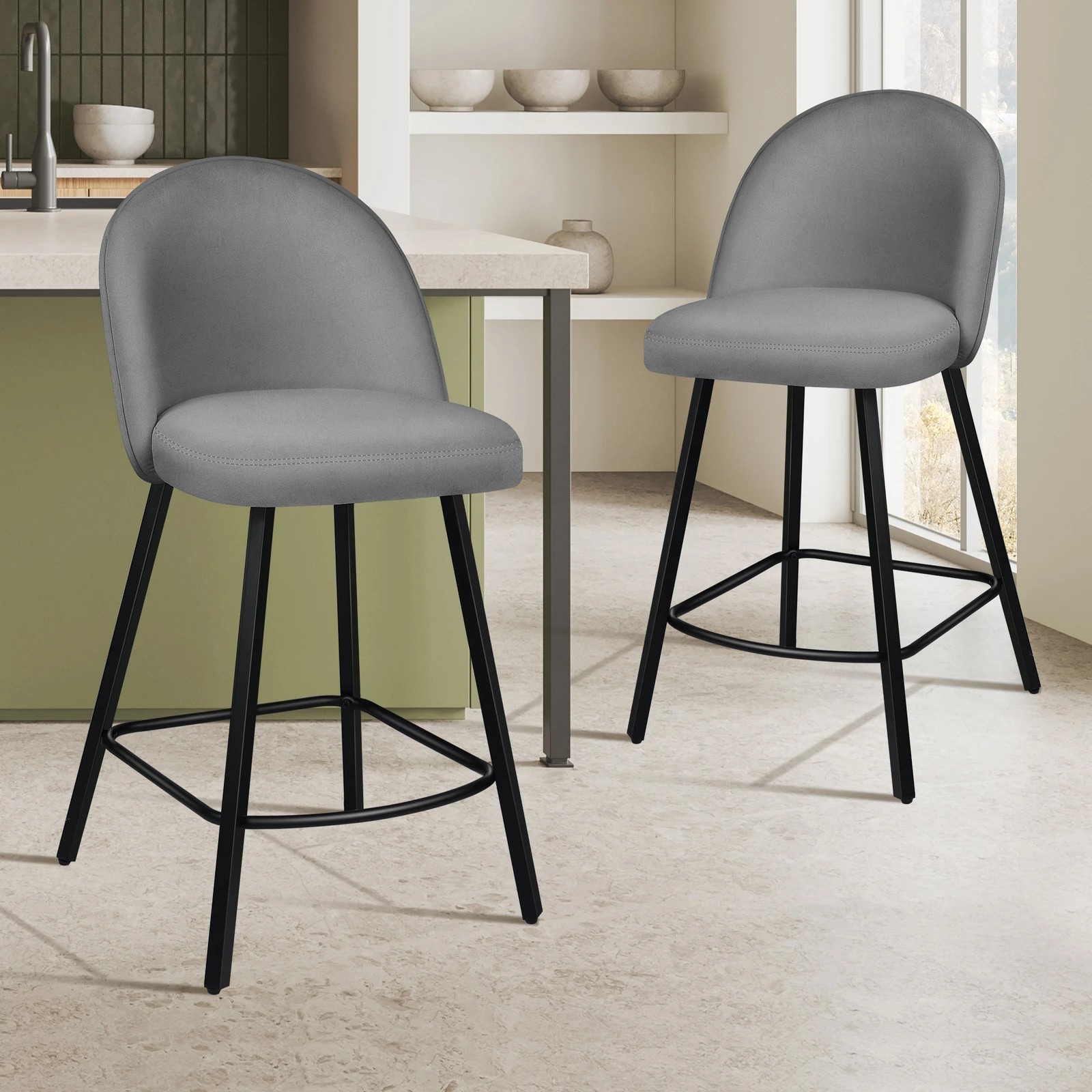 2 Alfordson 2x Bar Stools Velvet Chair - Grey, 2 of 8