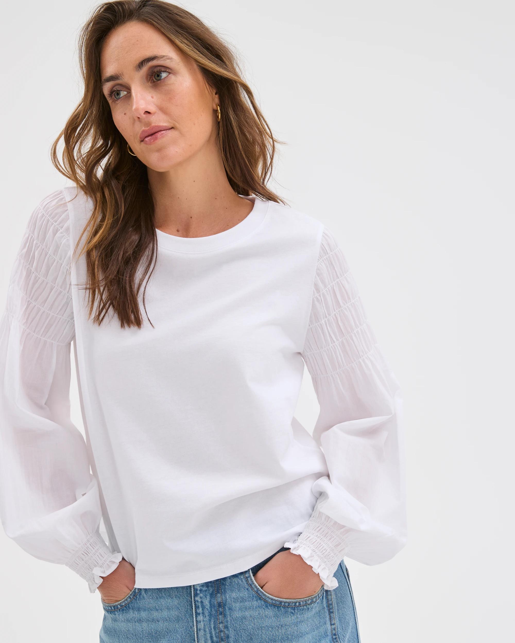 4 Target Woman Australian Cotton Long Sleeve Shirred Sleeve Top BRILLIANT WHITE, 4 of 6
