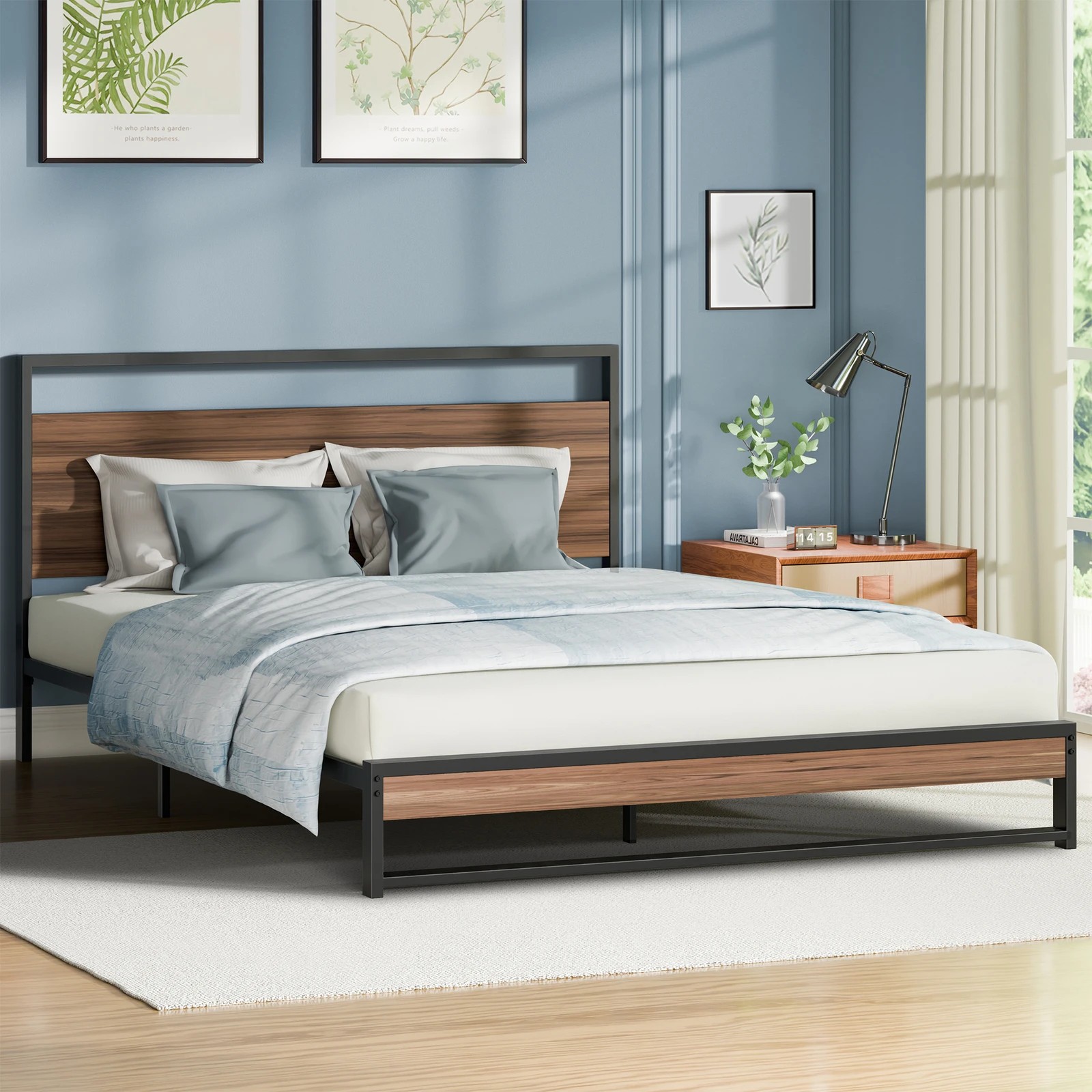 2 Alfordson Metal Bed Frame Queen Size Industrial Platform Mattress Base - Wood - Natural, 2 of 10