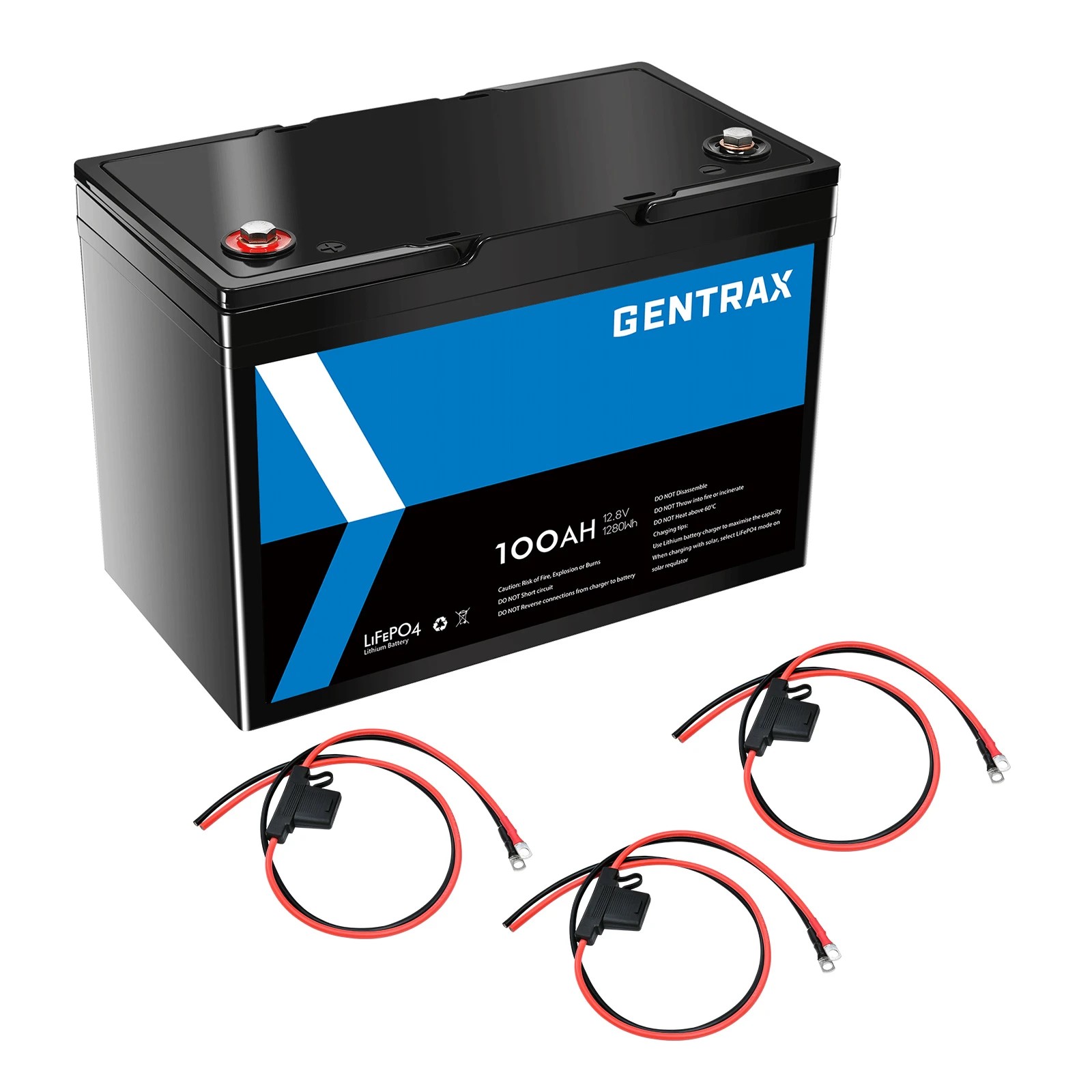 1 GENTRAX 12V 100Ah Lithium Battery + 3x 1m 50A Fuse Cable, 1 of 10