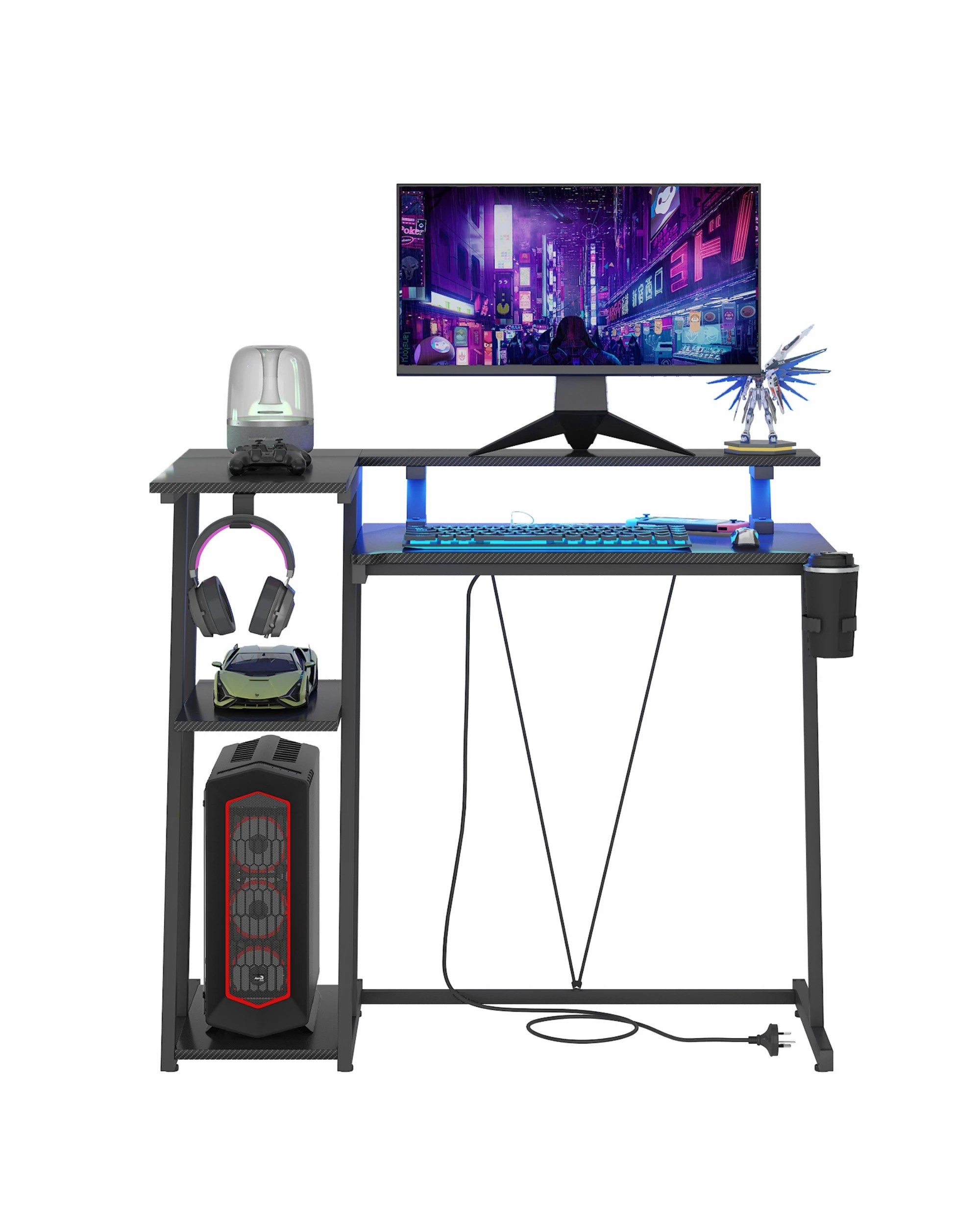 7 Advwin L Shaped Gaming Desk with LED Lights & Power Outlets Reversible Storage Shelf 100cm - Black, 7 of 10