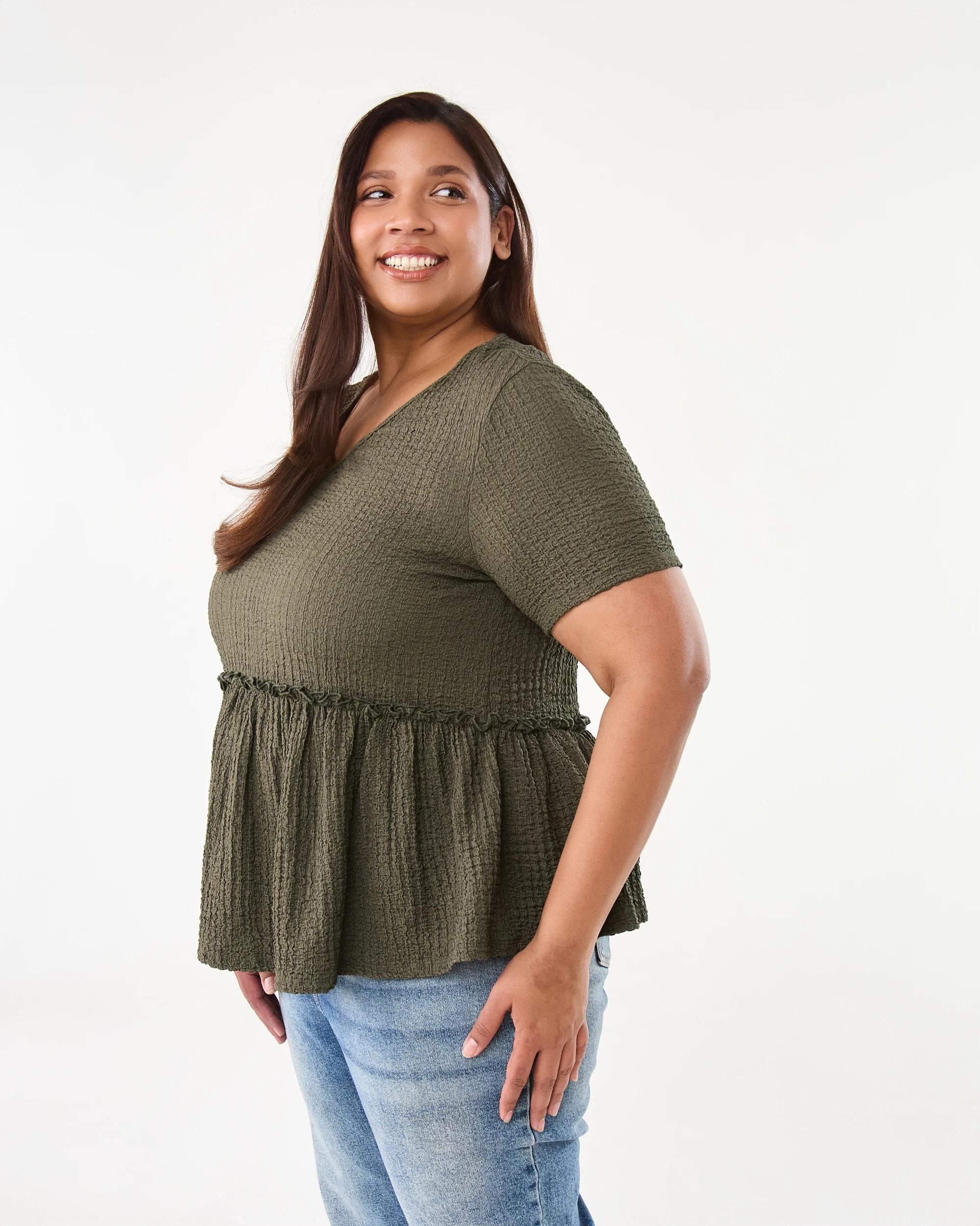 2 Curve Short Sleeve Textured Peplum Top Deep Olive, 2 of 7