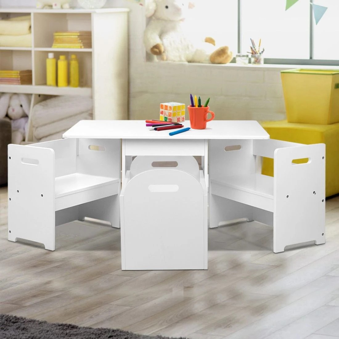 6 Keezi 3PCS Kids Table and Chairs Set Storage Toys Play Activity Desk - White, 6 of 8