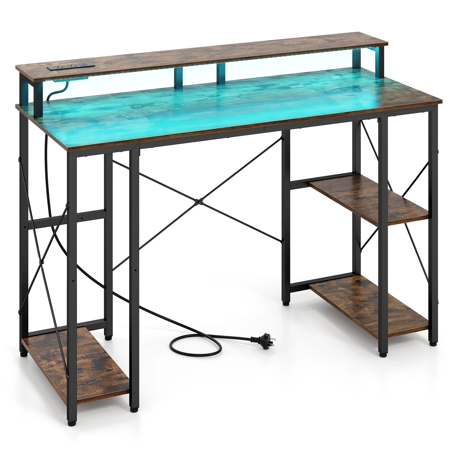 1 Costway 120cm Computer Desk w/Charging Station & LEDs Workstation Gaming Table - Brown, 1 of 5