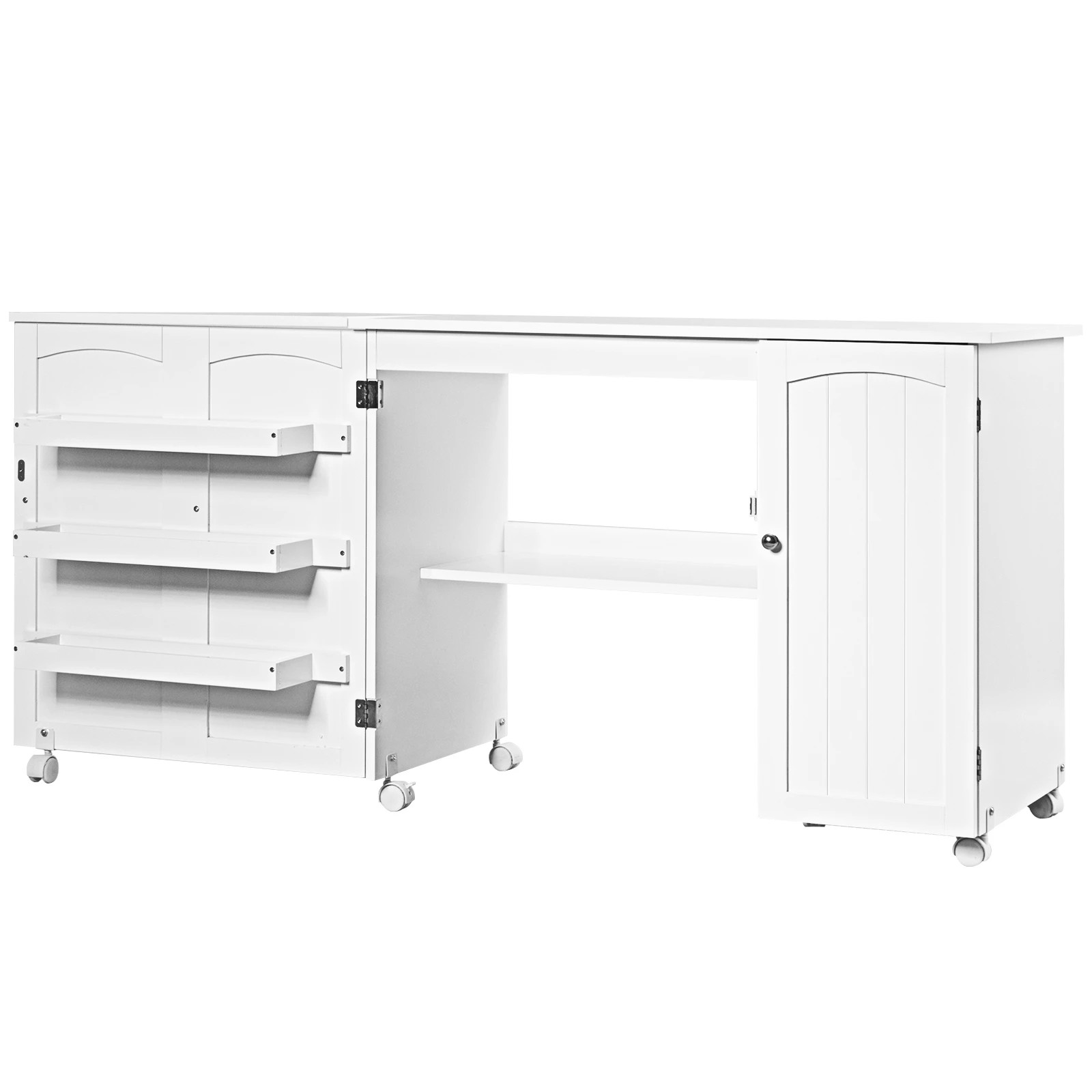 1 Costway Foldable Sewing Table Rolling Drop Leaf Craft Table w/Storage Bins - White, 1 of 5