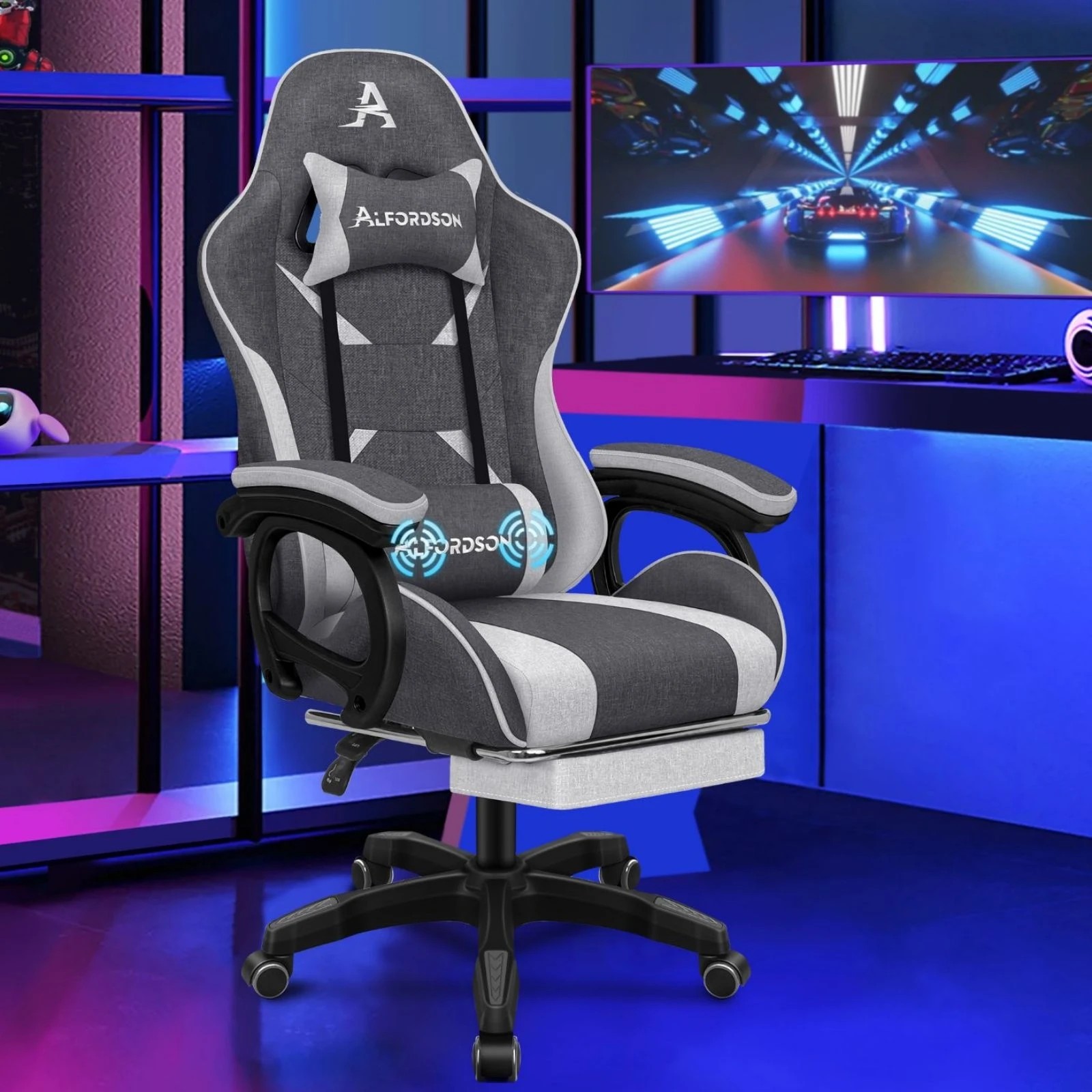 2 Alfordson Gaming Chair Office Massage Computer Fabric Seat Racing - Grey, 2 of 10