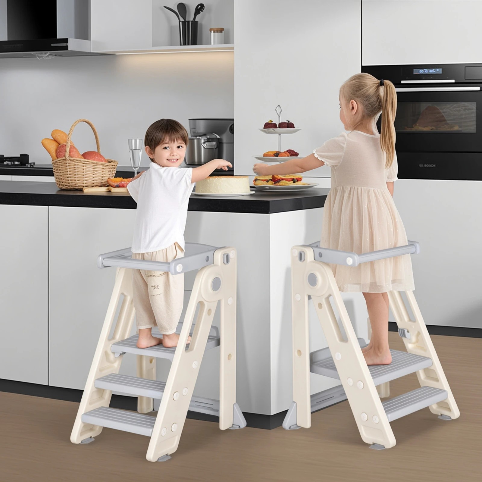 4 Advwin Foldable Kids Step Stool Sink Standing Tower with Safety Rail 2-3 Steps Adjustable Height Kitchen Helper, 4 of 8