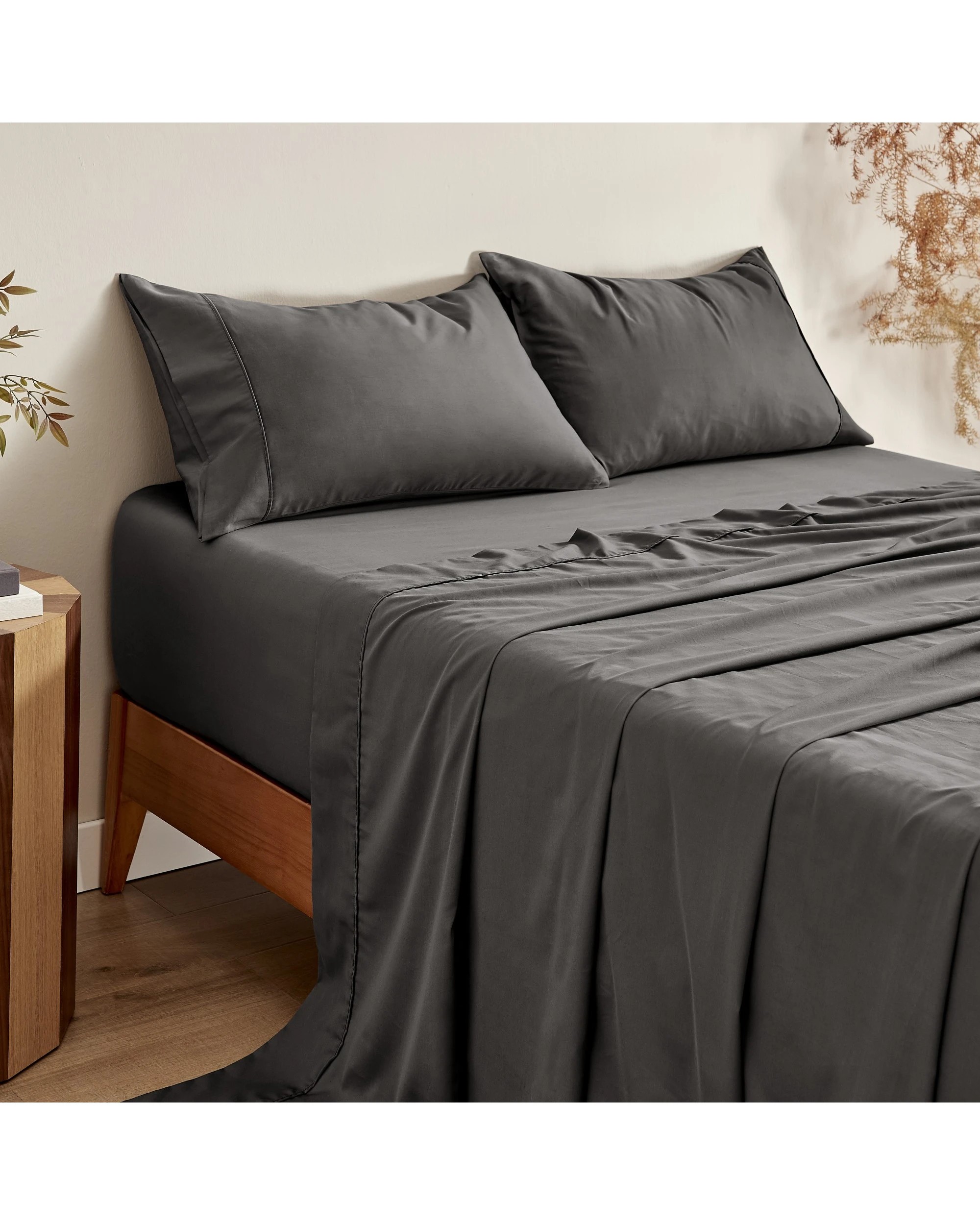 1 Serene 400TC Bamboo Cotton Sateen Sheet Set - Single Bed - Charcoal, 1 of 6