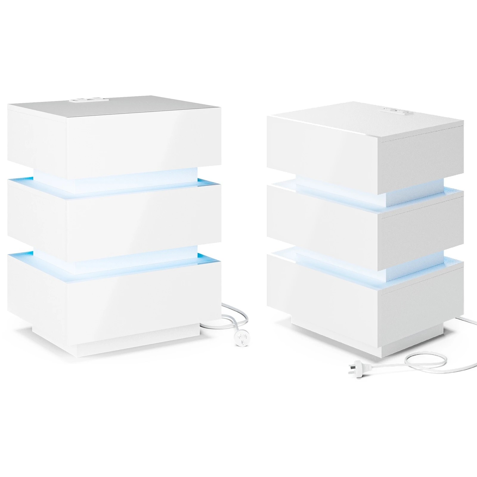 1 Advwin 2x Bedside Table 3 Drawers With with Charging Station & LED Light - White, 1 of 8