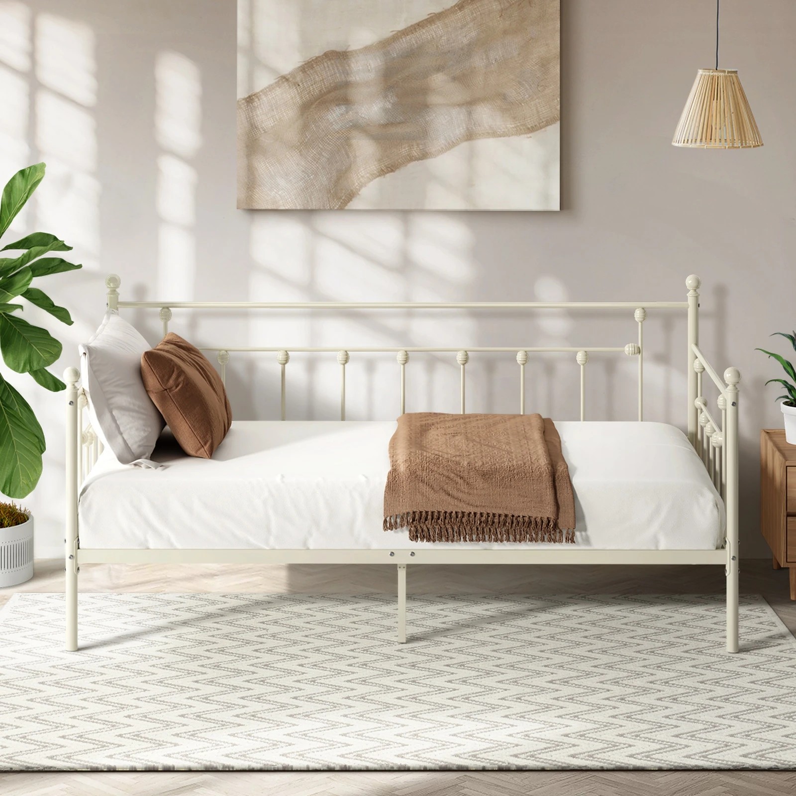 3 Oikiture Metal Daybed Frame Single Size Steel Slat Support Sofa Bed - Beige, 3 of 7