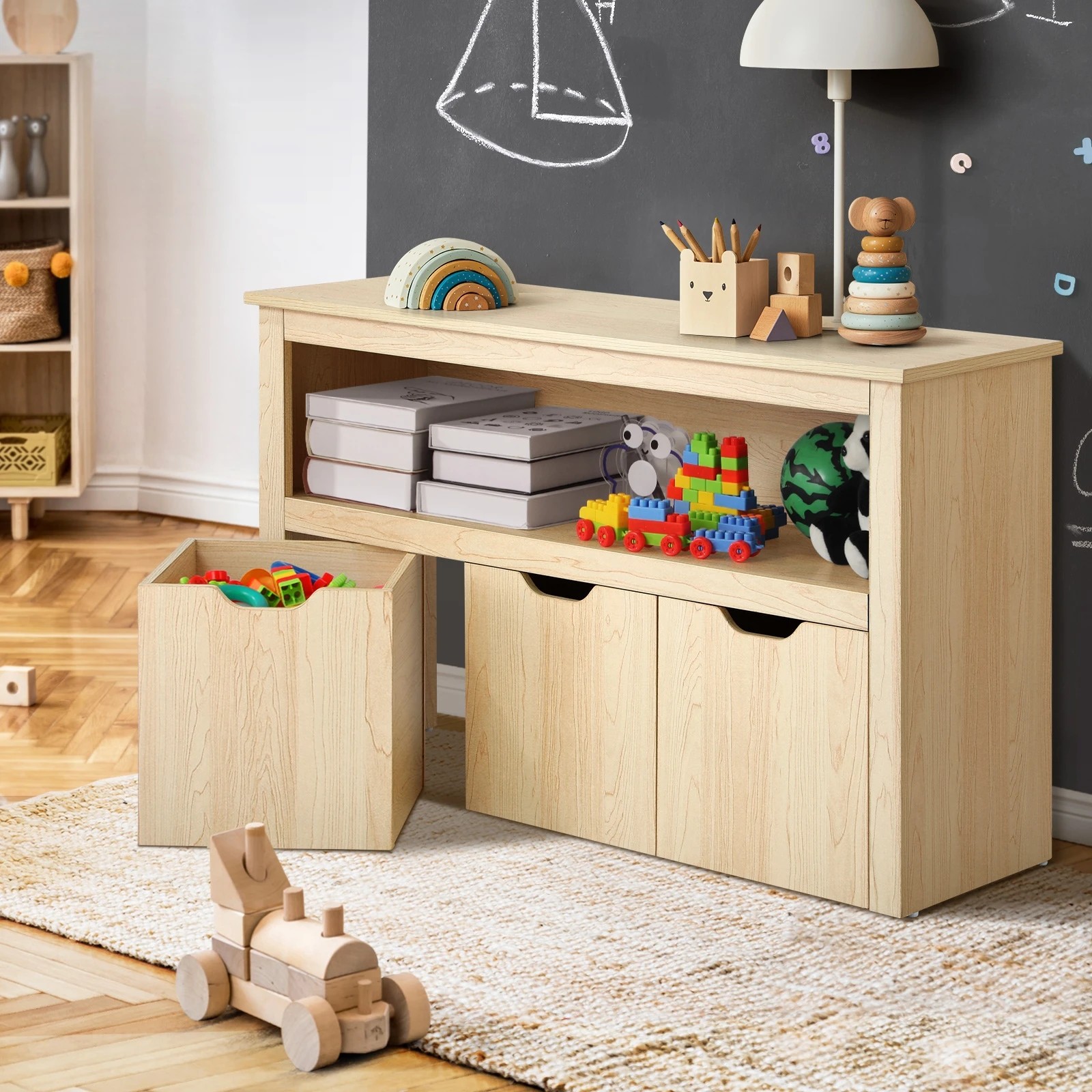 2 Oikiture Kids Toy Storage Cabinet Bookshelf With Portable Storage Box
 - Natural, 2 of 9