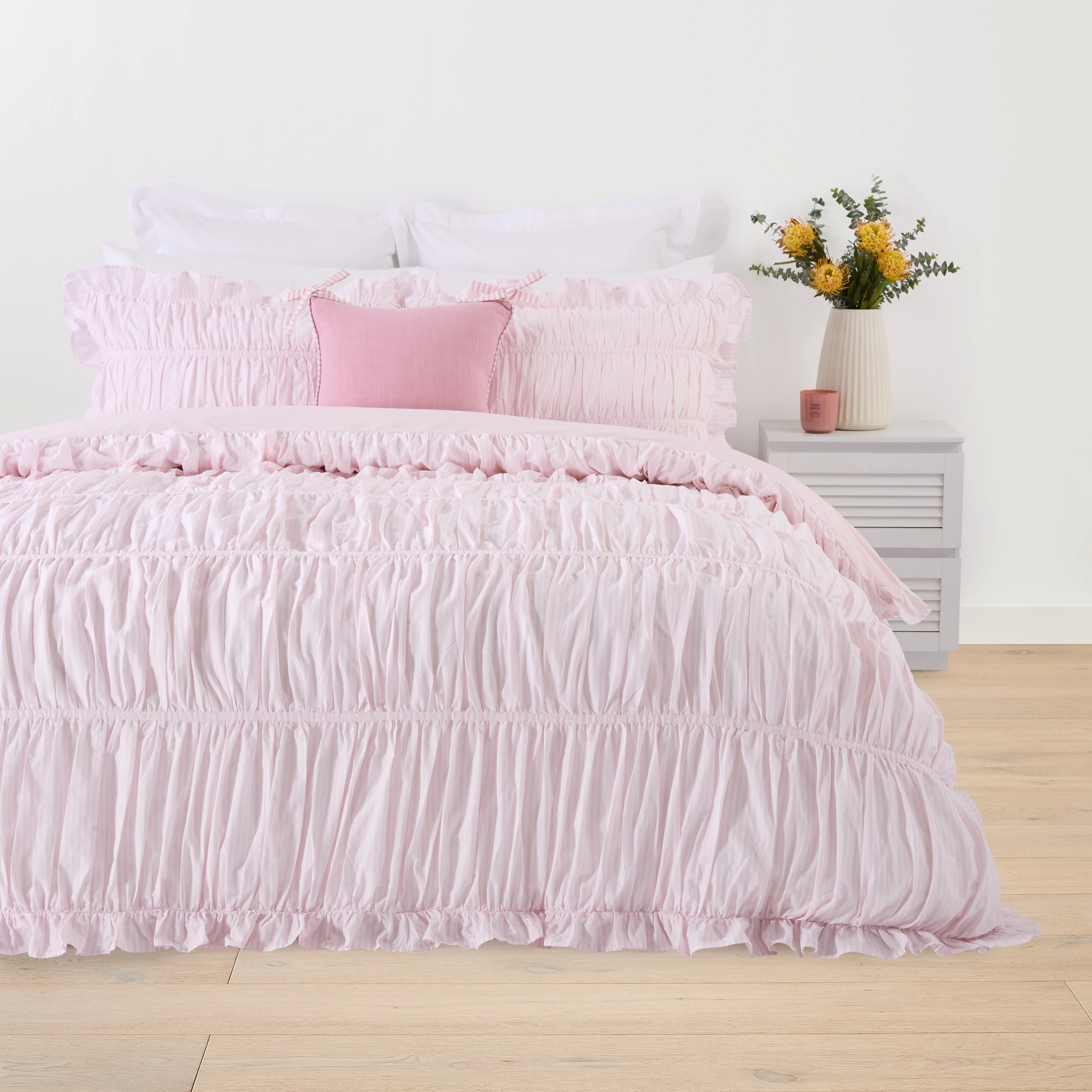 1 Stripe Ruched Cotton Rich Quilt Cover Set - Queen Bed, Pink, 1 of 6