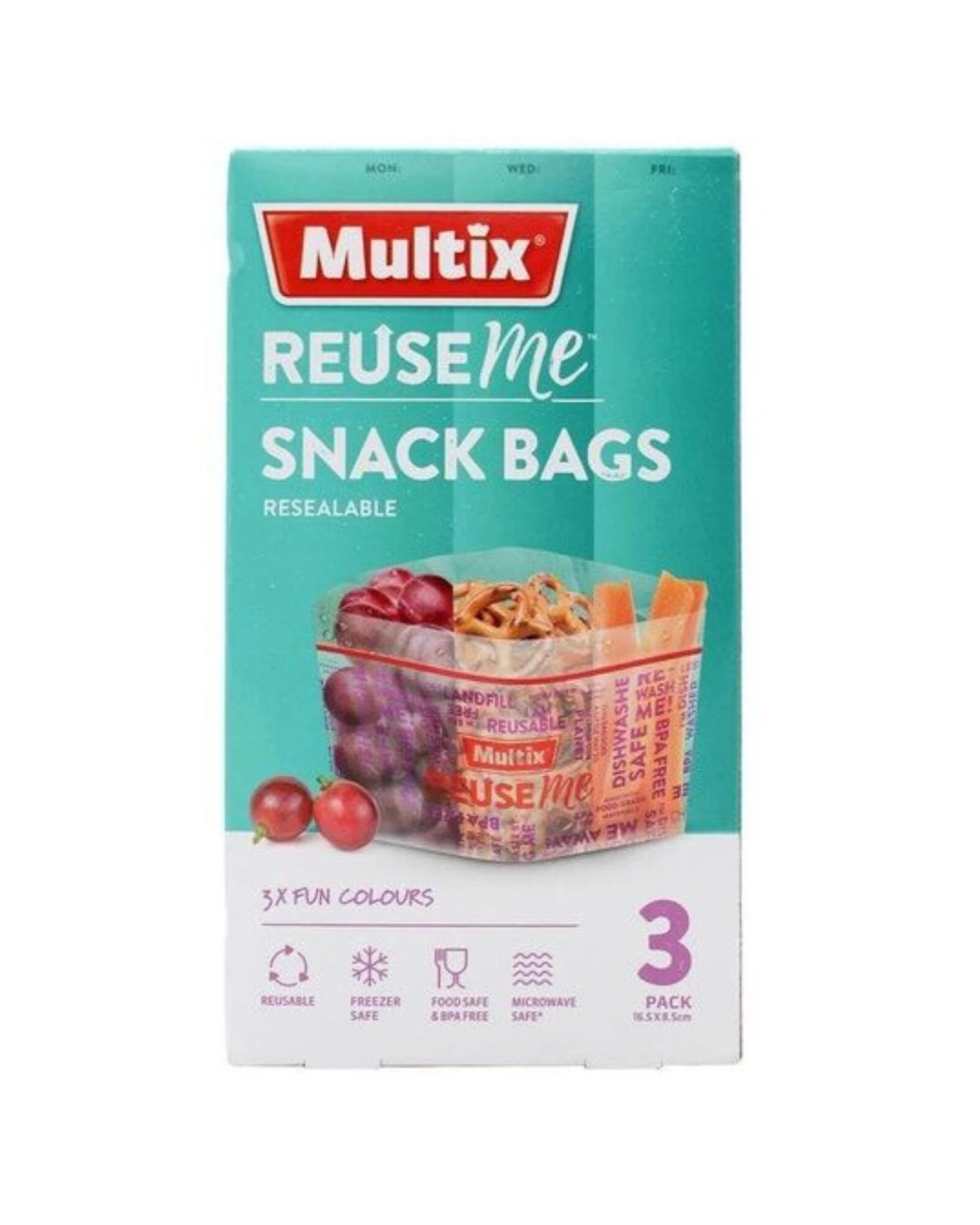 1 Multix Reuse Me Snack Bags 3 Pk Resealable BPA Free Microwave Safe 16.5x8.5cm, 1 of 2