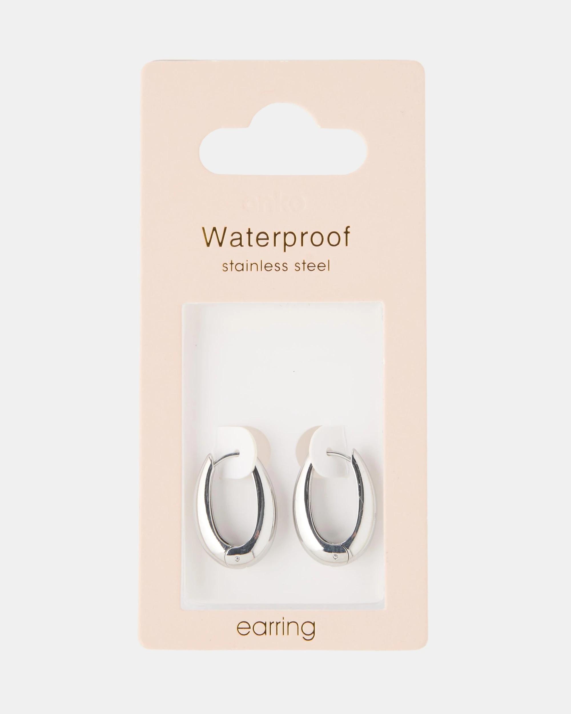 4 Waterproof Stainless Steel Teardrop Hoop Earrings - Silver Tone Silver, 4 of 4
