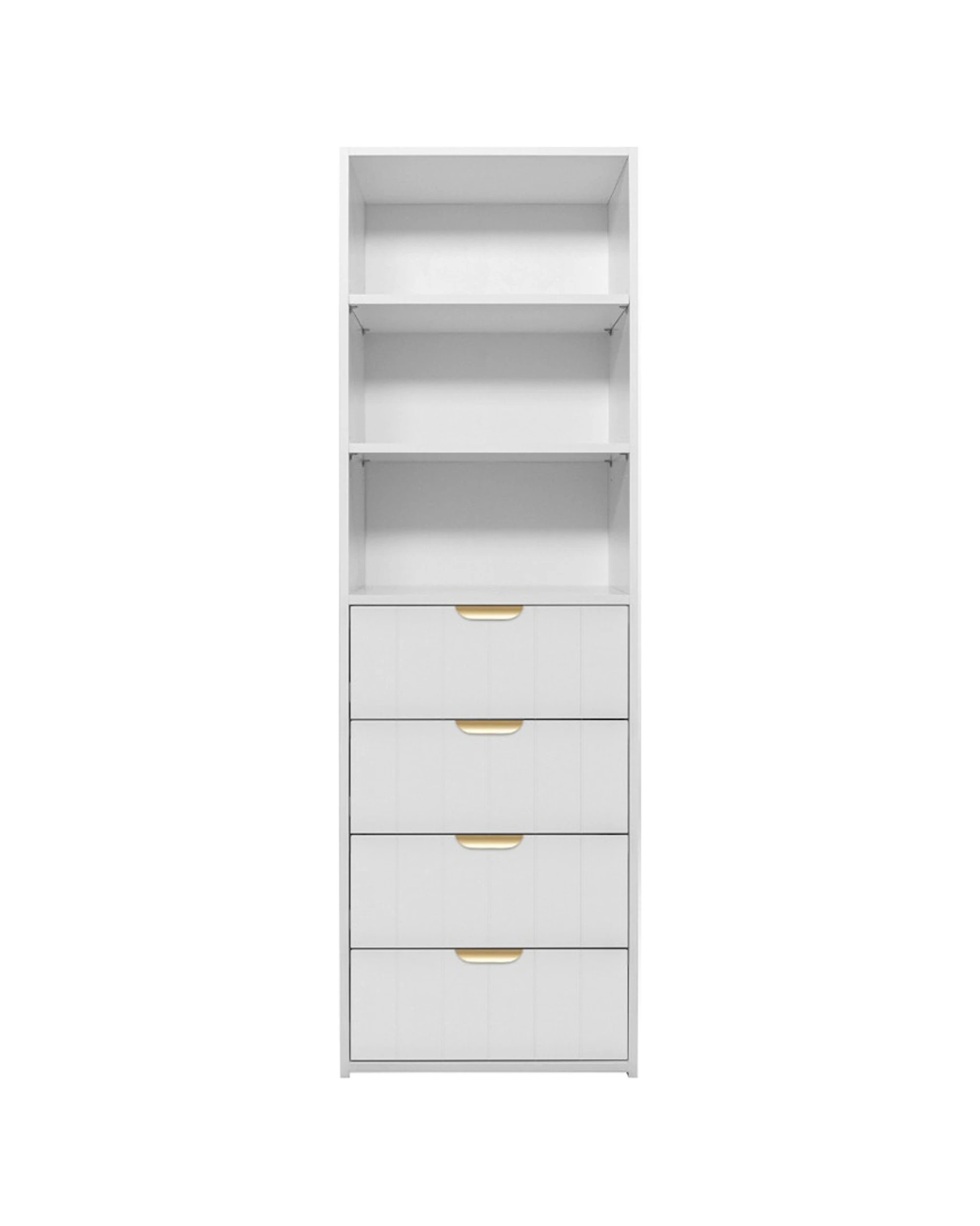 1 European Cabinetry Geneva 3 Shelf 4 Drawer Built In Wardrobe VJ Panel Brass Pull Handle - White, 1 of 3