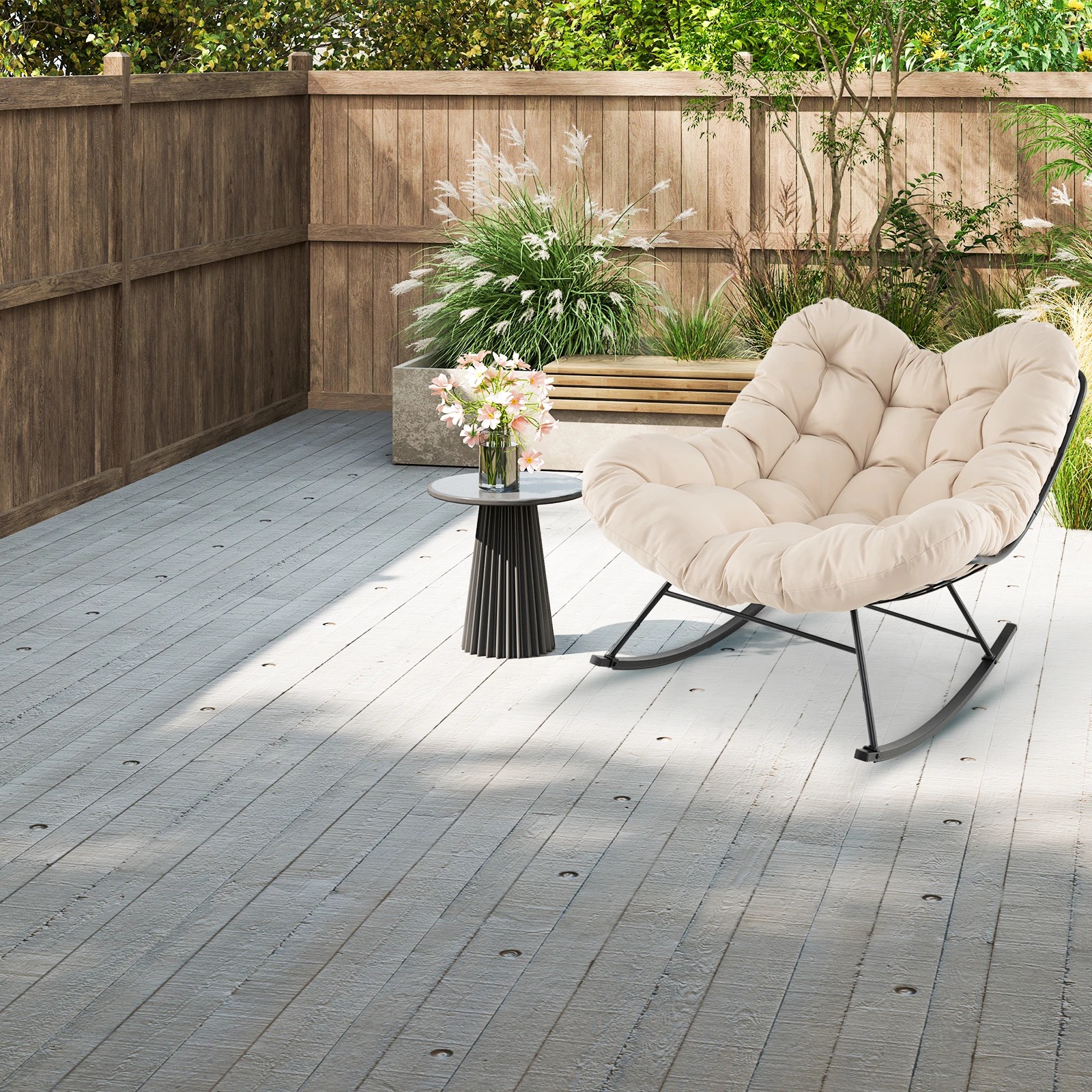 6 Costway Patio Rocking Chair Papasan Chair w/Padded Cushion Lounge Chair - Beige, 6 of 6