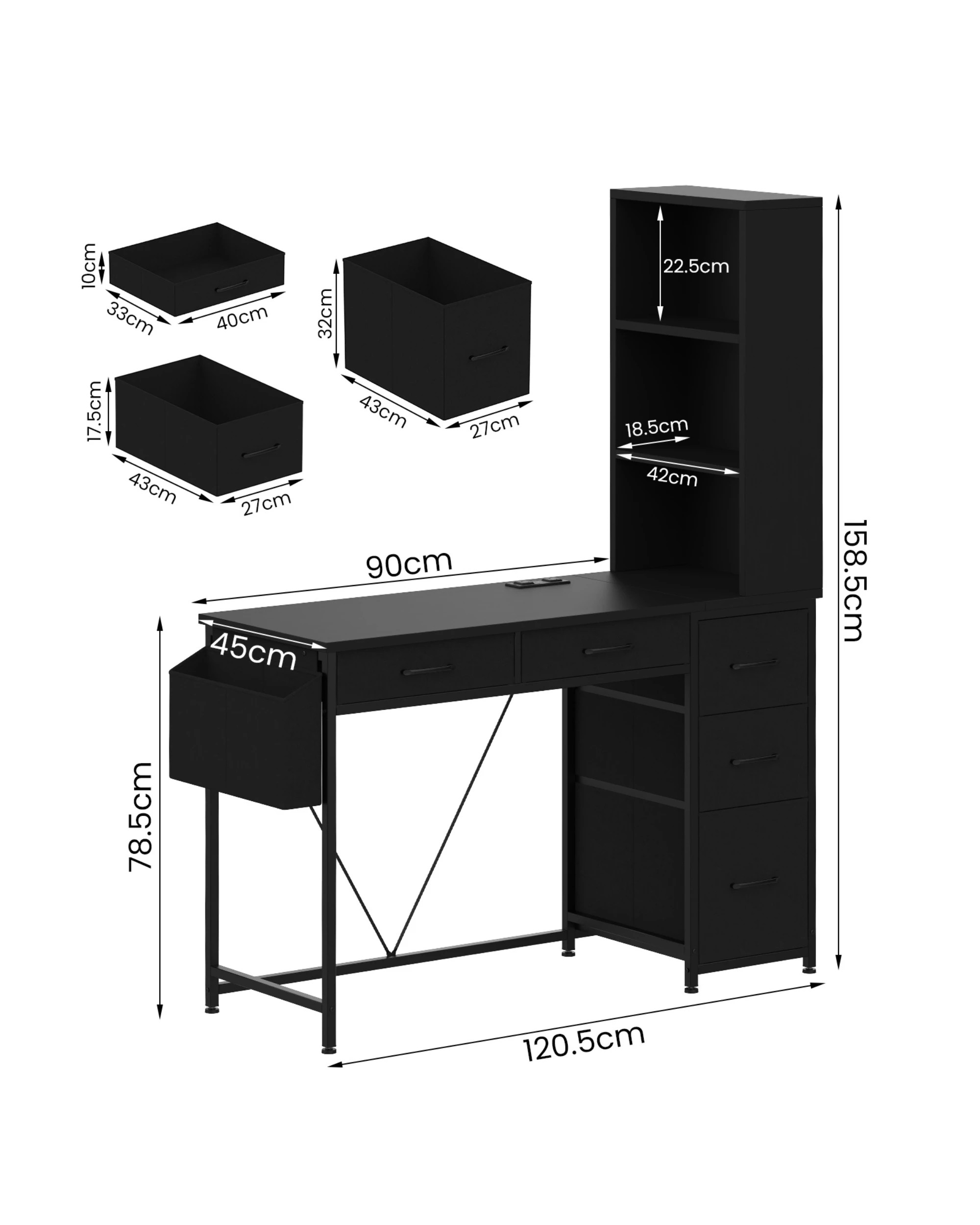 2 Ufurniture LED Gaming Desk with Bookshelf, 4 Drawers & File Cabinet, Reversible Corner Computer Desk for Study - Black, 2 of 9