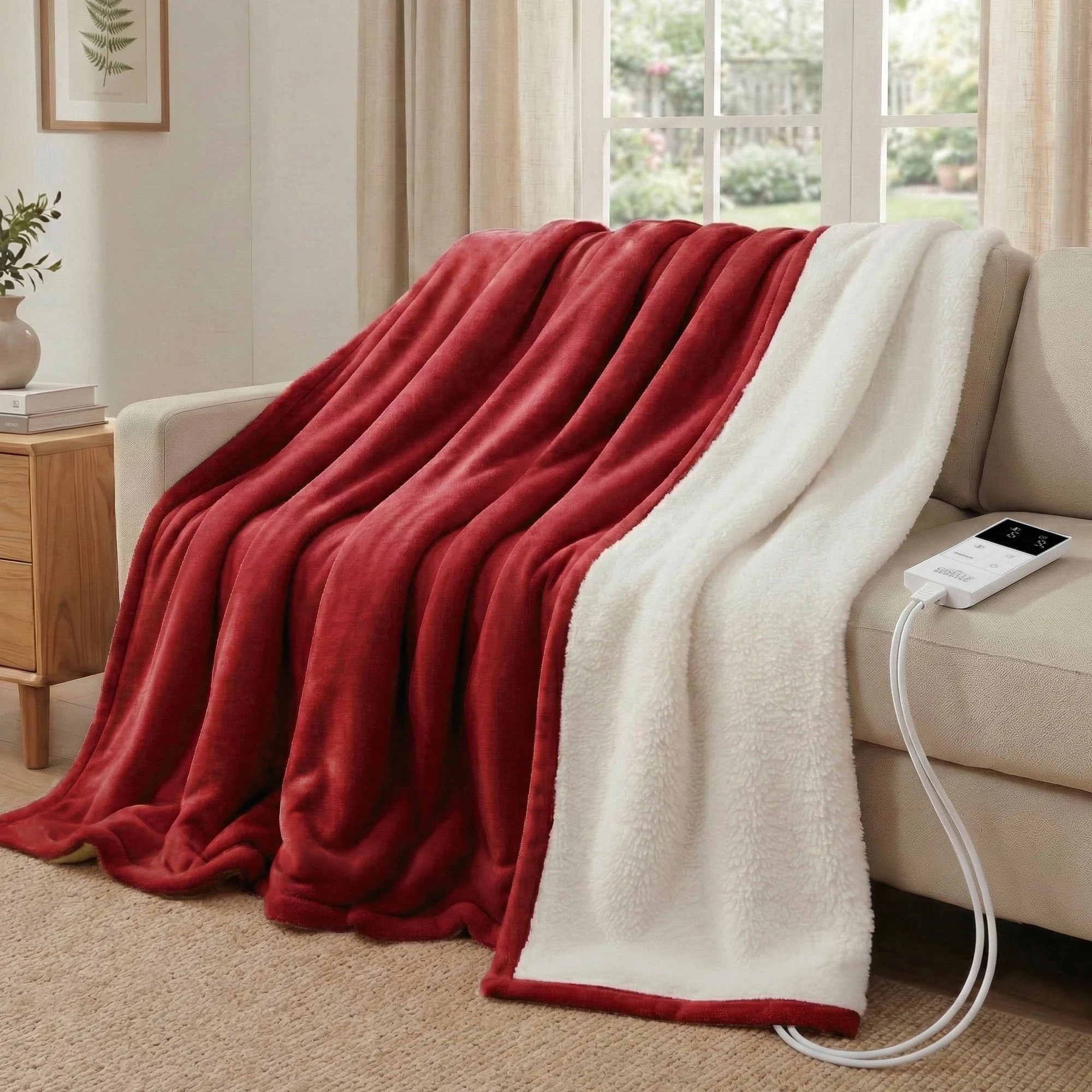 1 Giselle Electric Throw Rug Double Size 200x180cm Fleece Flannel Heated Blanket - Burgundy, 1 of 9