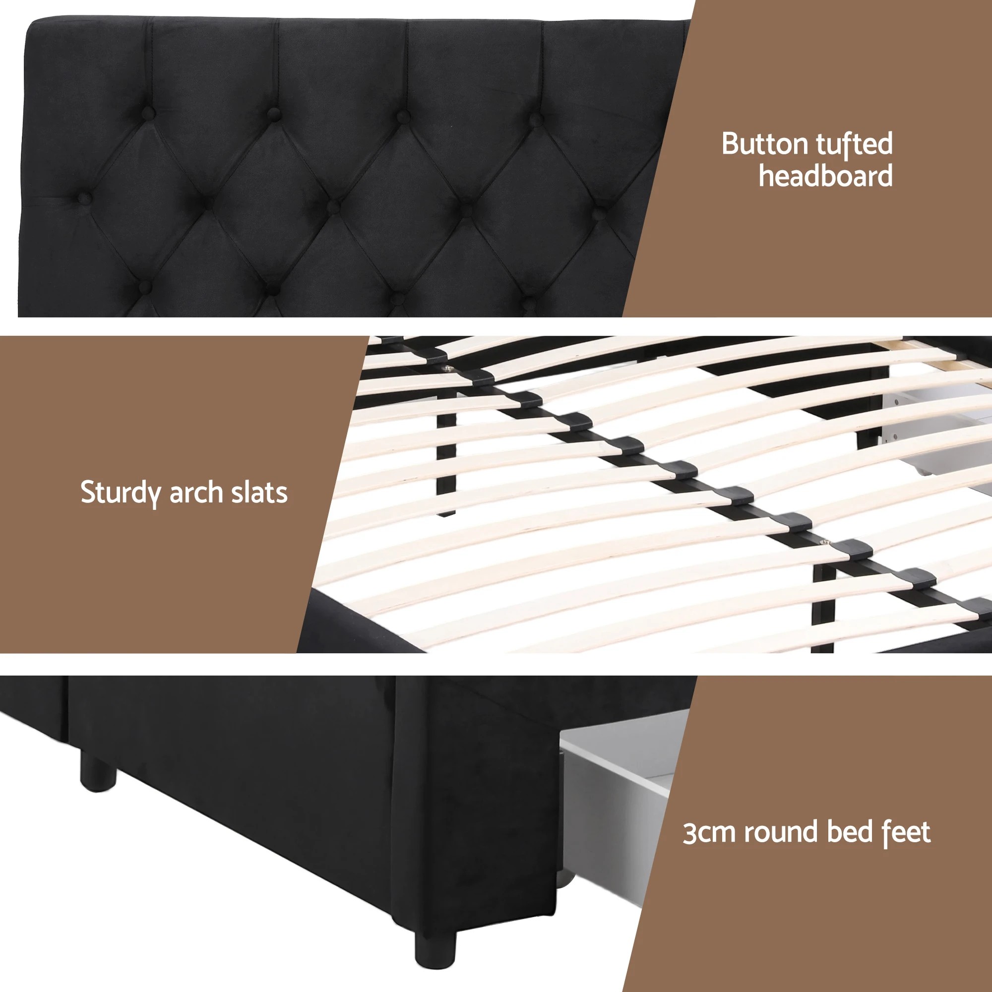 6 Artiss Double Bed Frame Storage Charging Station Upholste 3 Drawers USB - Black, 6 of 6