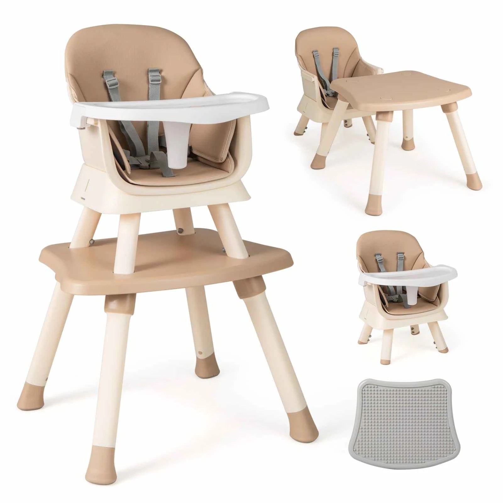1 Costway 6 in 1 High Chair Feeding Chair w/Removable Tray Soft Cushion 5-point Harness - Brown, 1 of 2