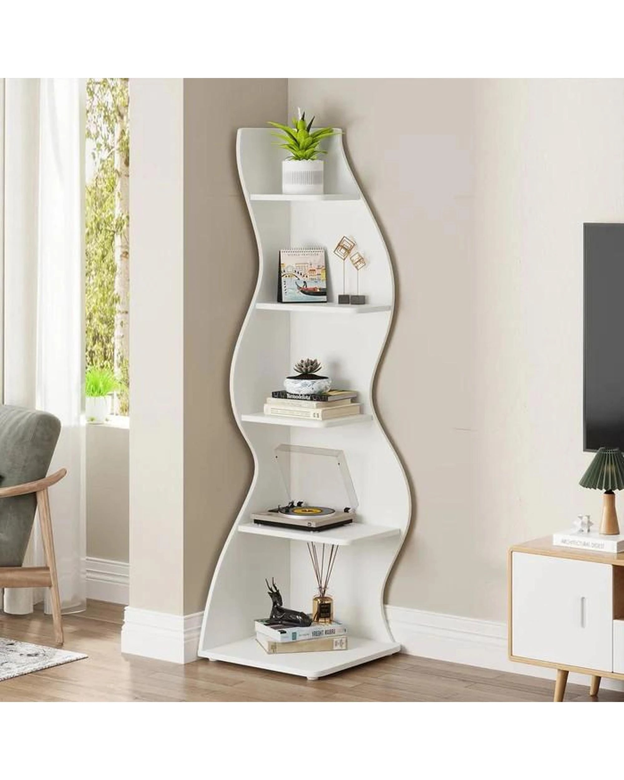 2 OAKORY 178cm Corner Shelf with Unique Wave Shape & Adjustable Shelves Rounded Corners Design for Living Room, 2 of 6